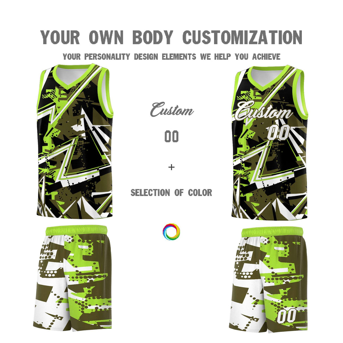 Custom Youth Basketball Jerseys Olive Neon Green Abstract Graffiti Personalized Street Style Uniform