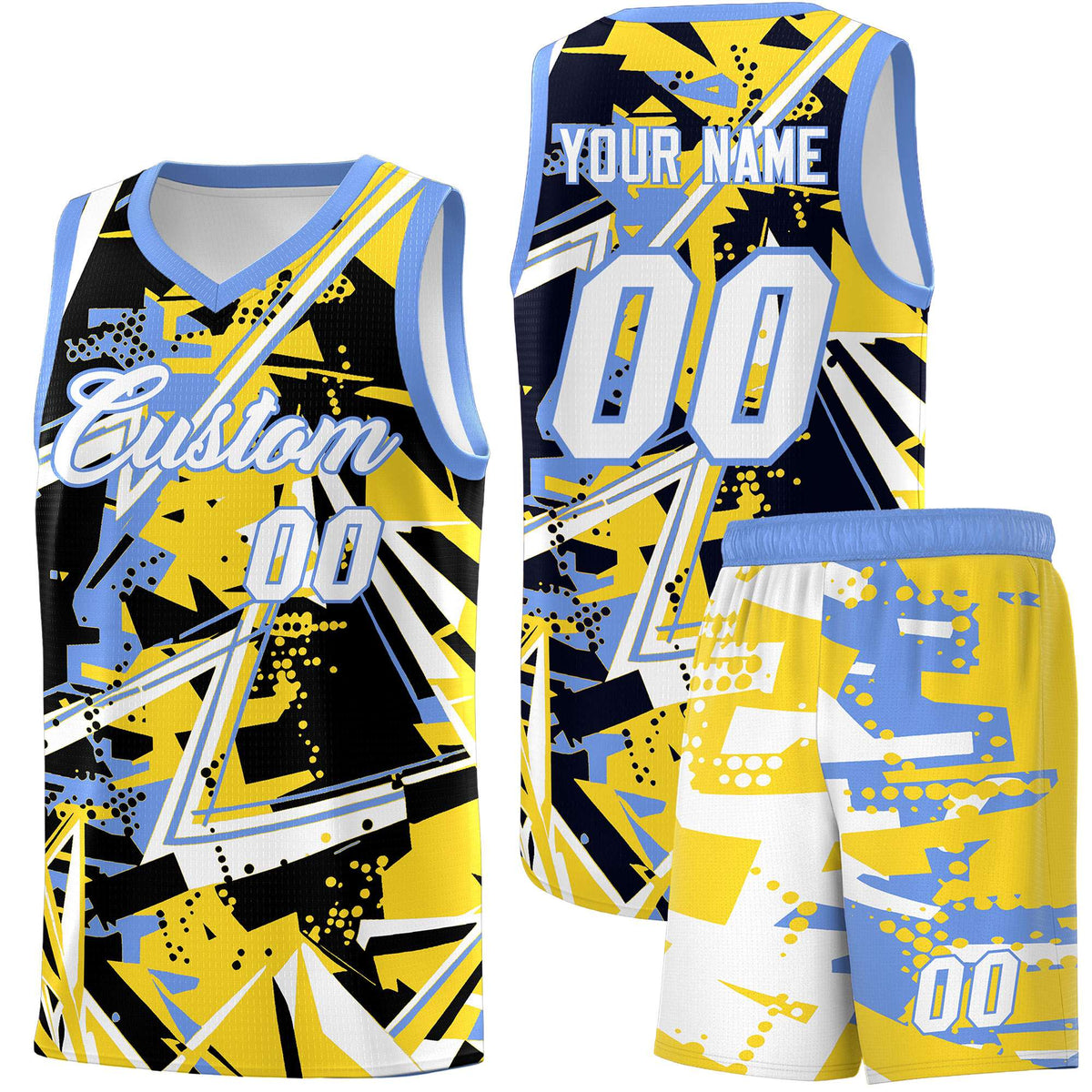 Custom Youth Basketball Jerseys Gold Light Blue Abstract Graffiti Urban Style Personalized Uniform