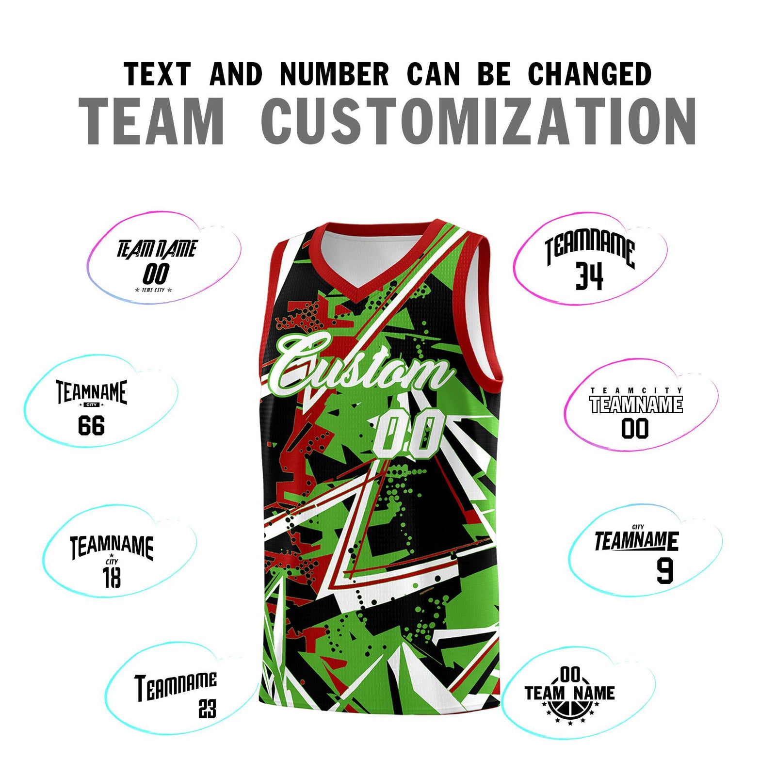 Custom Youth Basketball Jerseys Light Green Red Abstract Graffiti Urban Style Personalized Uniform
