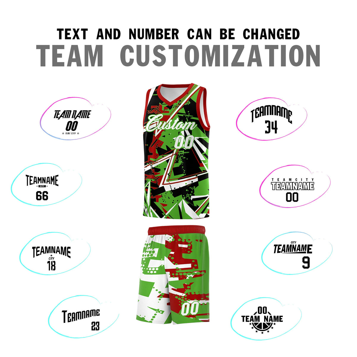 Custom Youth Basketball Jerseys Light Green Red Abstract Graffiti Urban Style Personalized Uniform