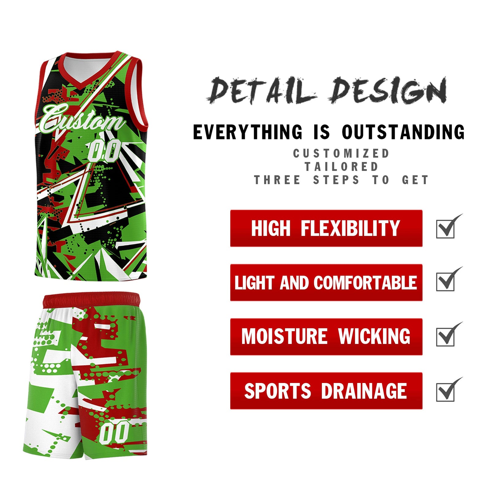Custom Youth Basketball Jerseys Light Green Red Abstract Graffiti Urban Style Personalized Uniform