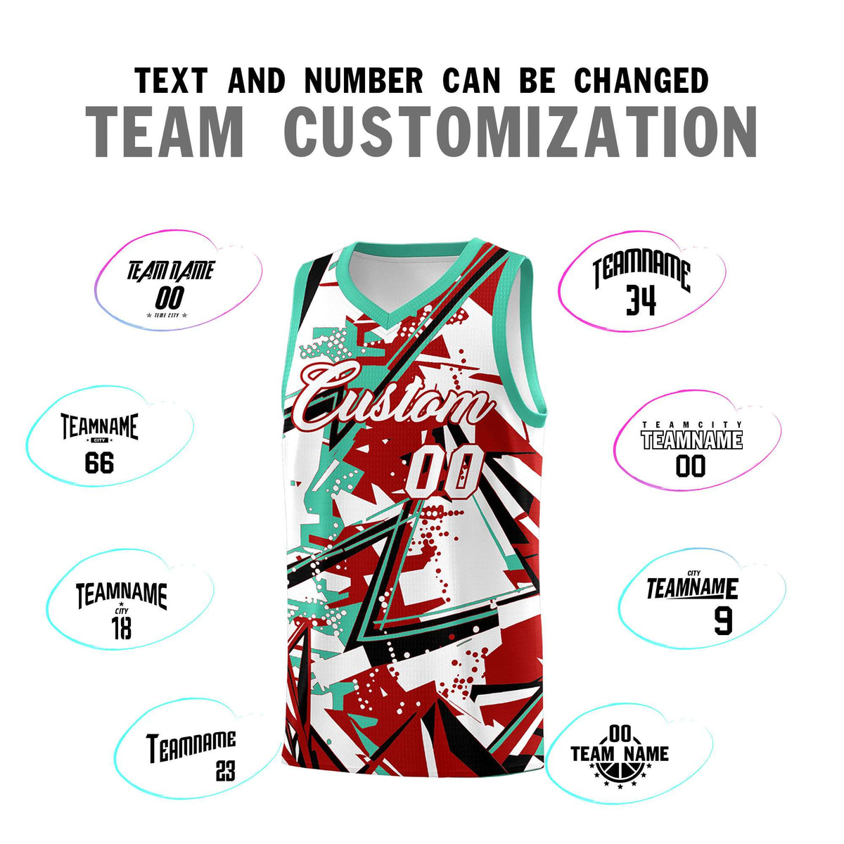 Custom Youth Basketball Jerseys Red Bright Green Abstract Graffiti Personalized Team Name &amp; Number