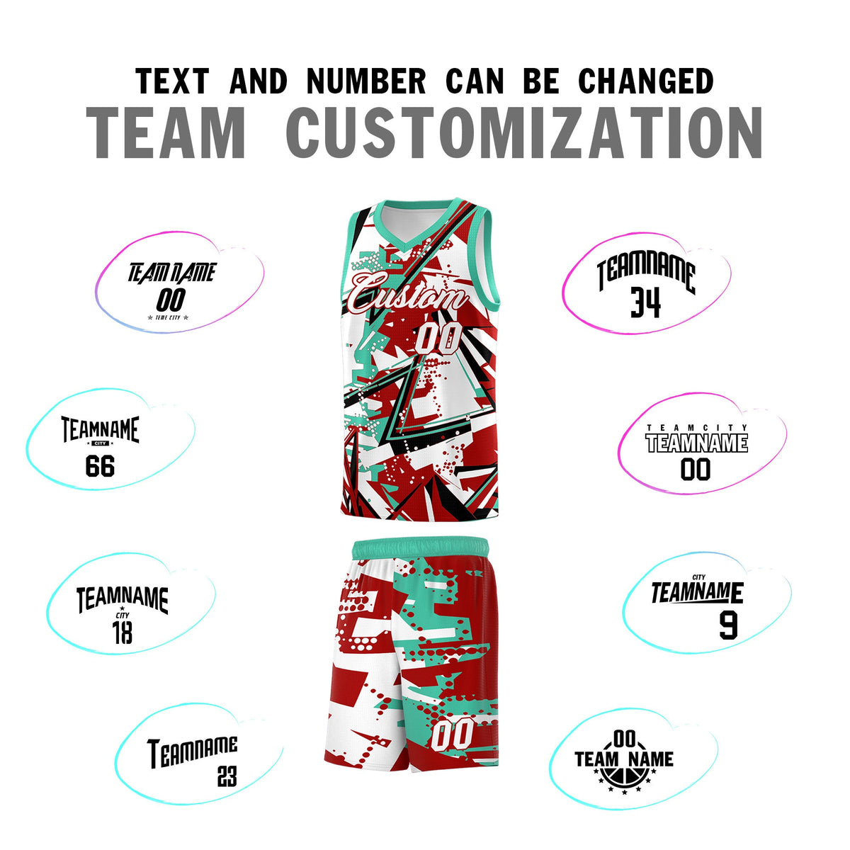Custom Youth Basketball Jerseys Red Bright Green Abstract Graffiti Personalized Team Name &amp; Number