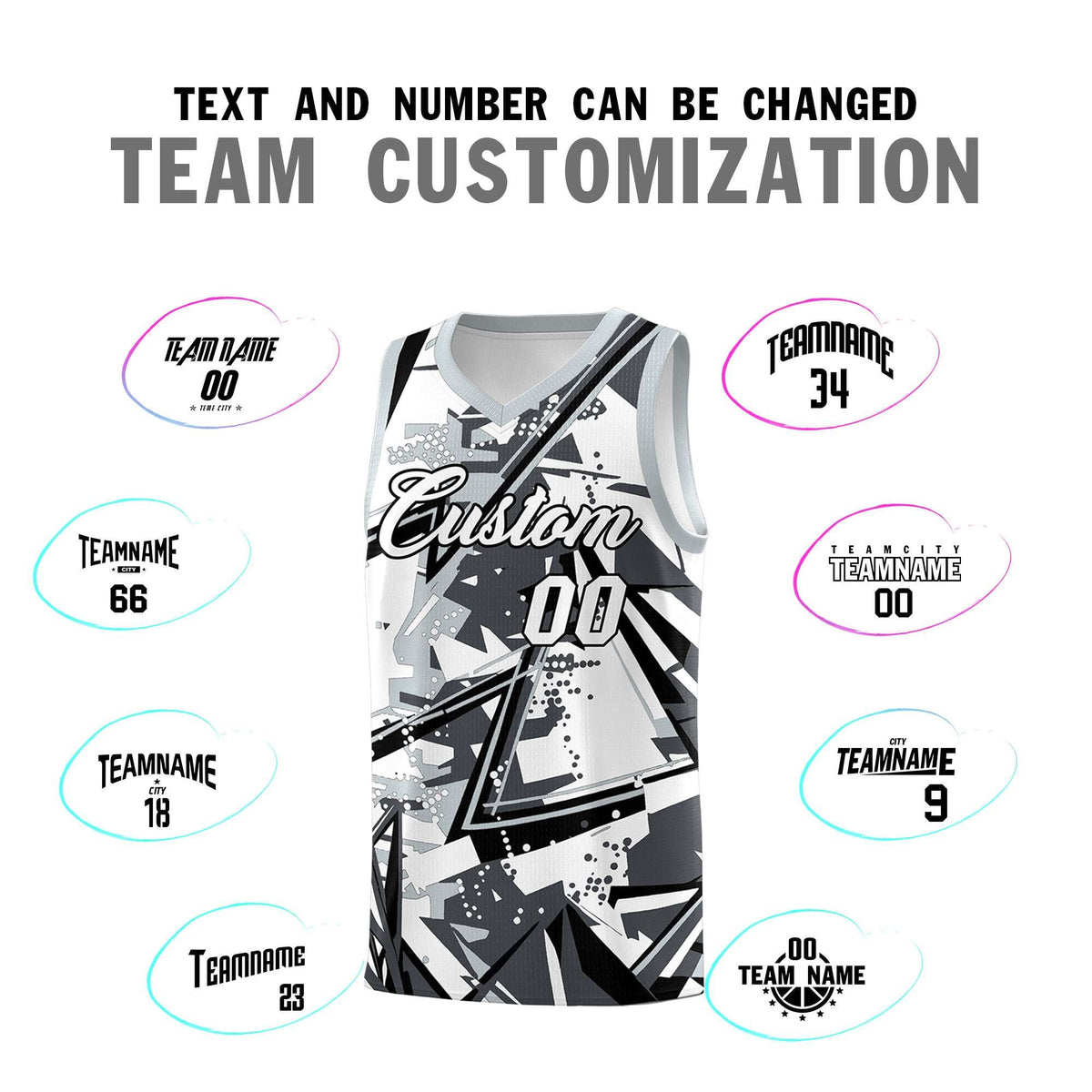 Custom Youth Basketball Jerseys Gray Silver Abstract Graffiti Personalized Team Name &amp; Number