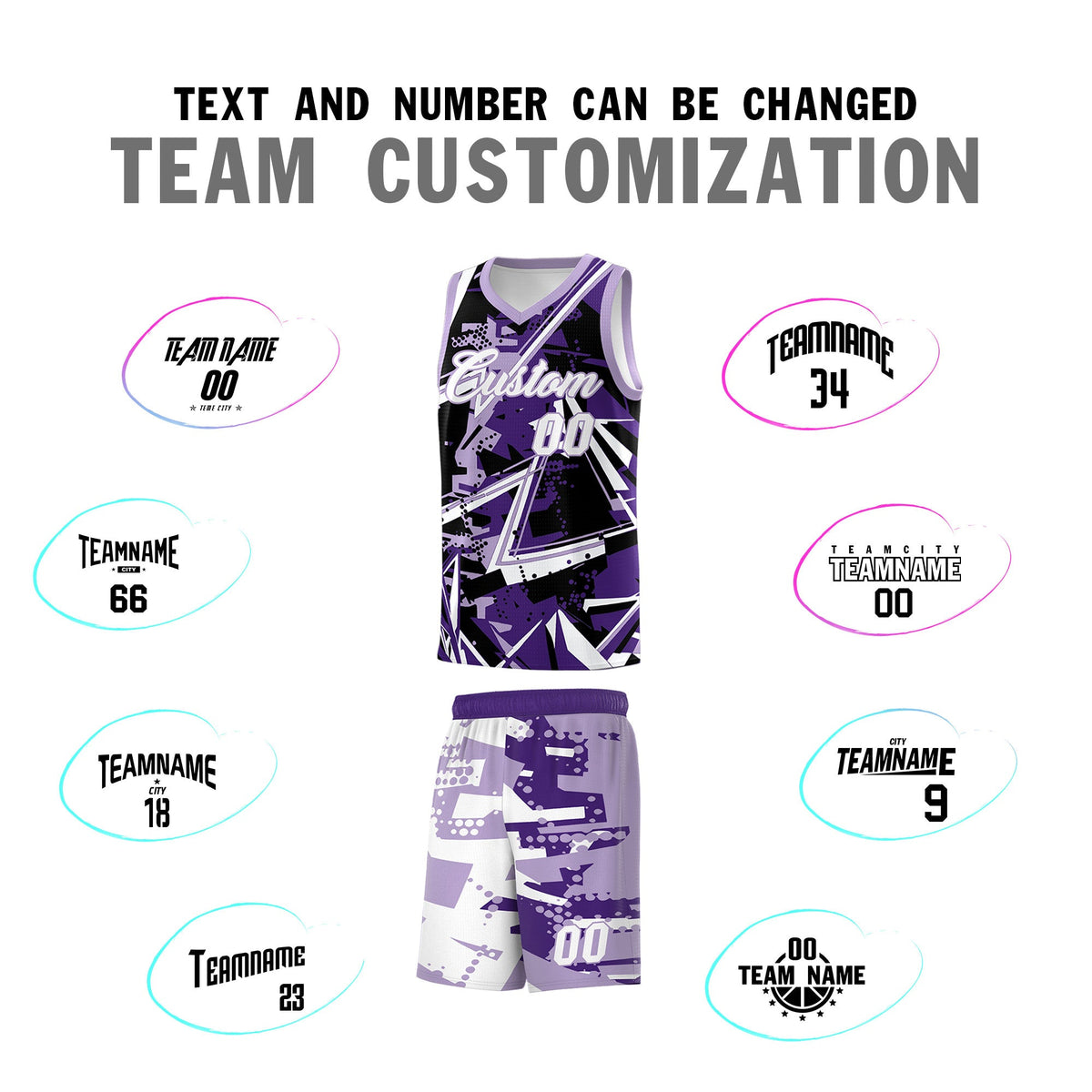 Custom Youth Basketball Jerseys Purple Light Purple Abstract Graffiti Urban Style Personalized Uniform