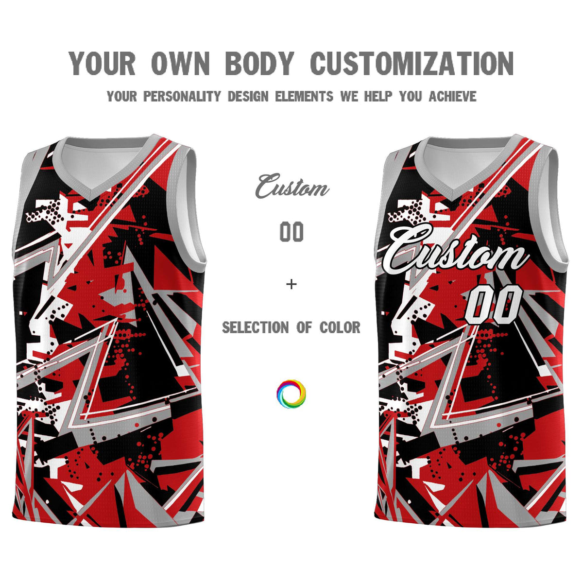 Custom Youth Basketball Jerseys Red Gray Abstract Graffiti Personalized Team Name &amp; Number