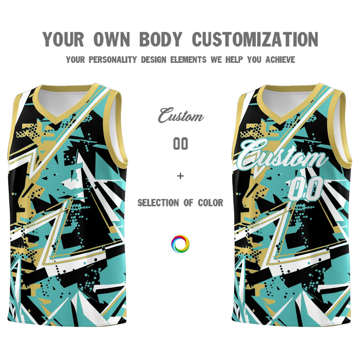 Custom Youth Basketball Jerseys Teal Old Gold Abstract Graffiti Personalized Street Style Uniform