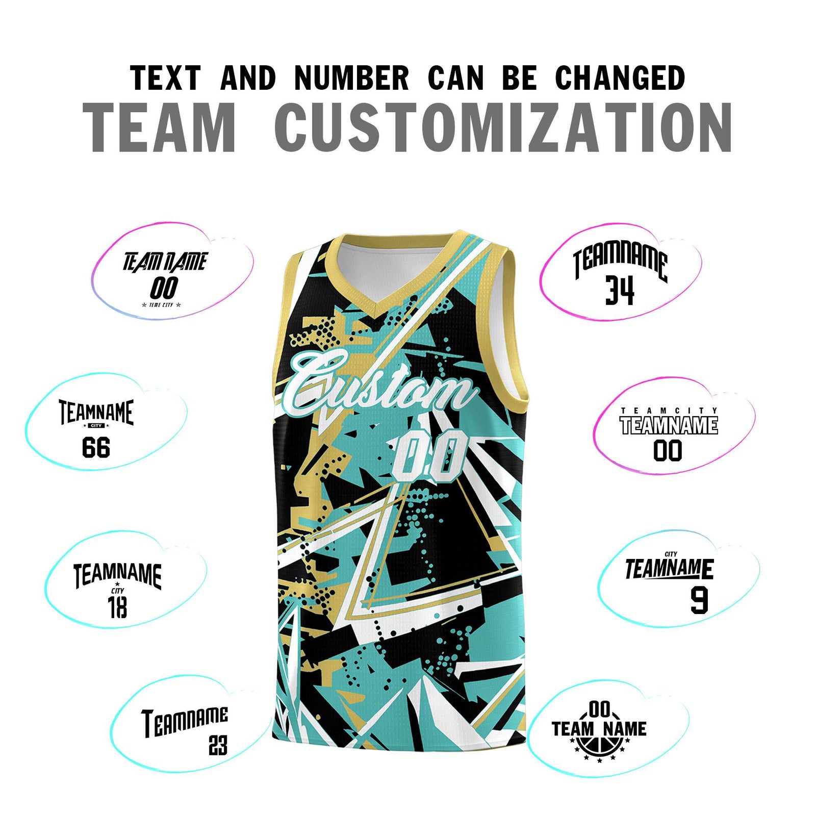 Custom Youth Basketball Jerseys Teal Old Gold Abstract Graffiti Personalized Street Style Uniform