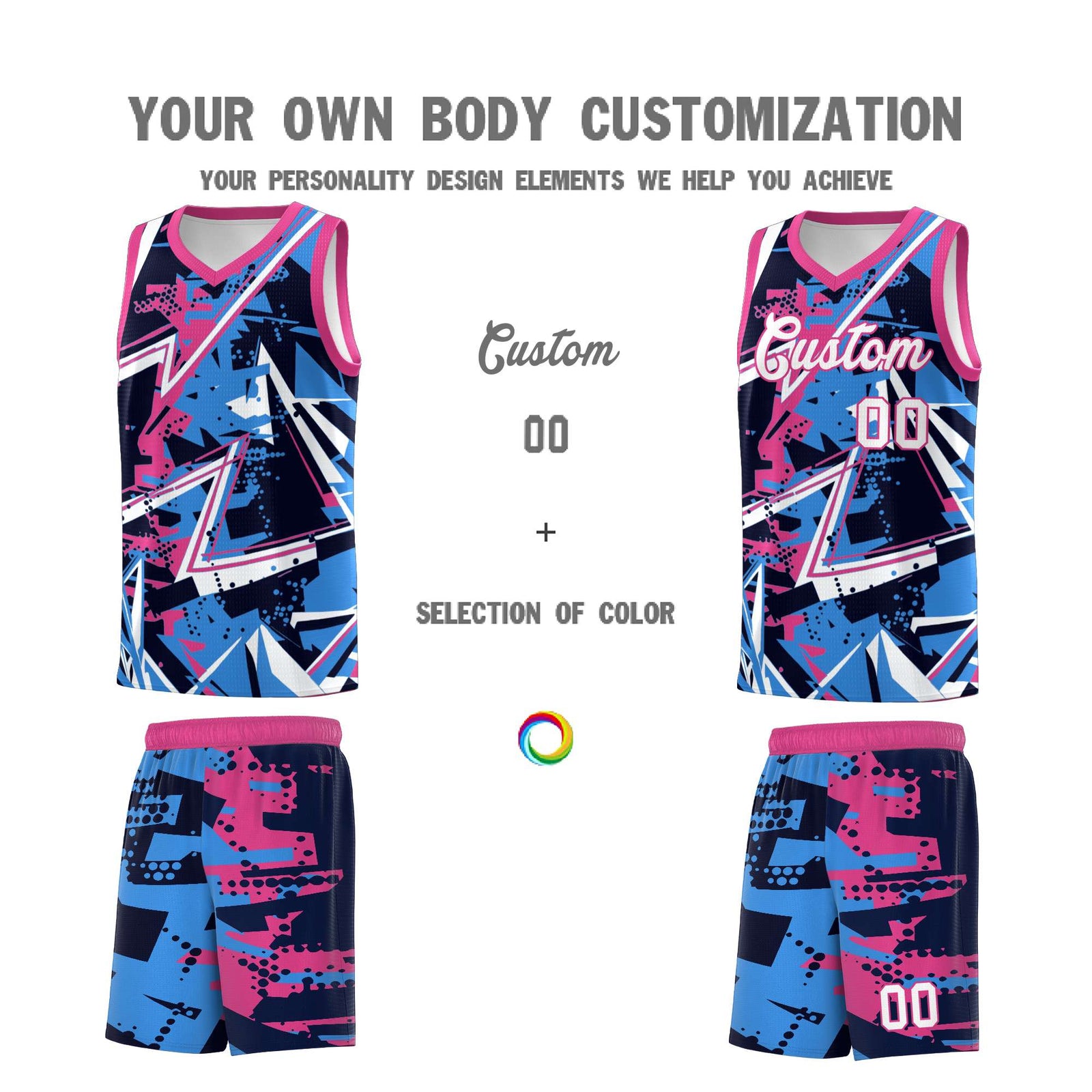Custom Youth Basketball Jerseys Light Blue Pink Abstract Graffiti Personalized Street Style Uniform