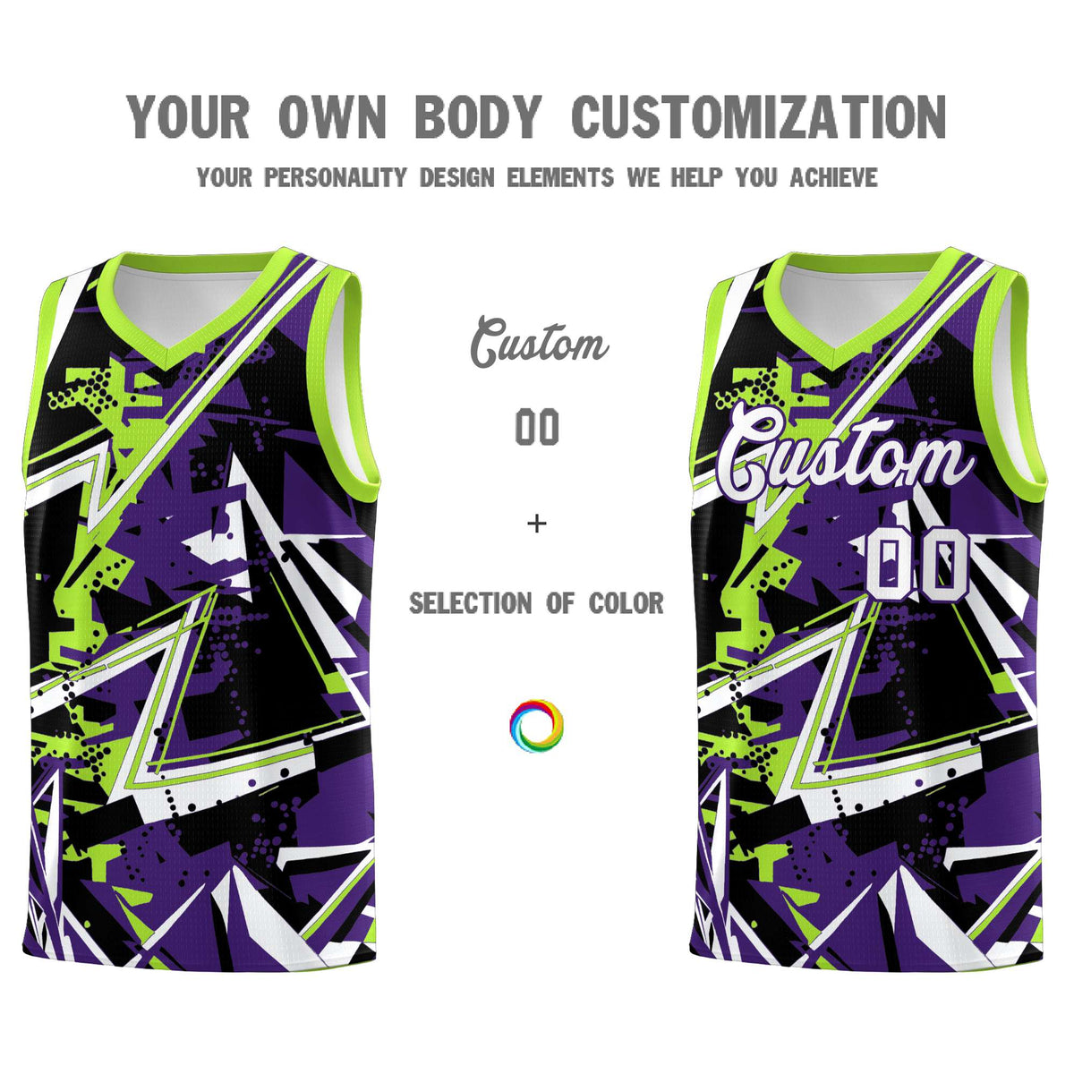 Custom Youth Basketball Jerseys Purple Neon Green Abstract Graffiti Personalized Team Name &amp; Number