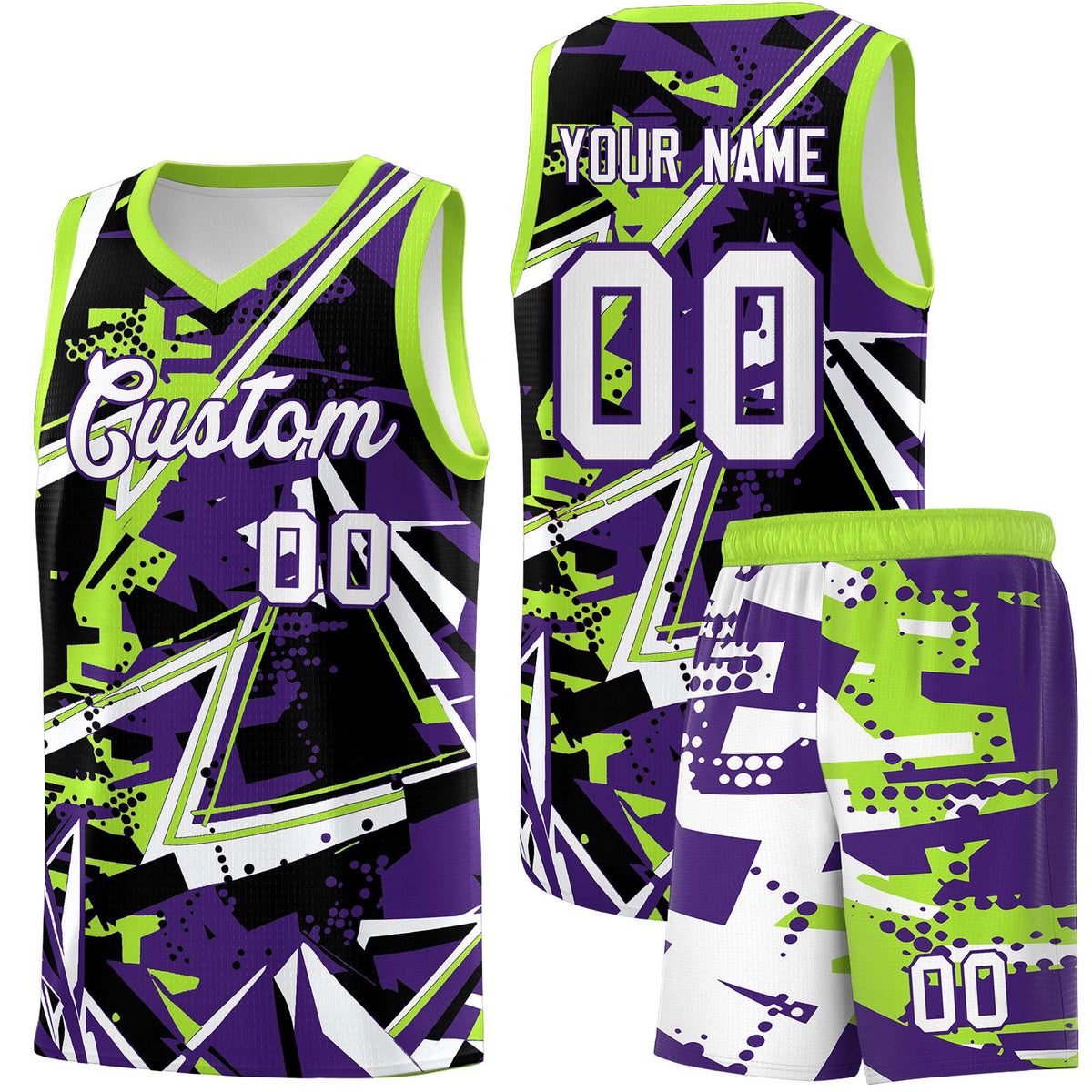 Custom Youth Basketball Jerseys Purple Neon Green Abstract Graffiti Personalized Team Name &amp; Number