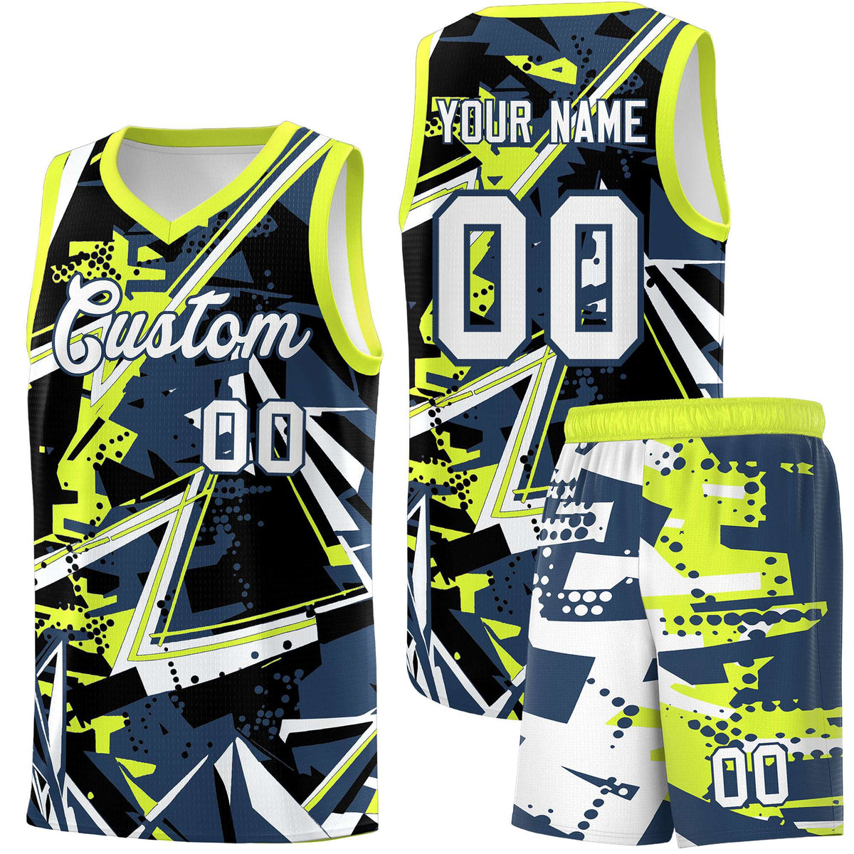 Custom Youth Basketball Jerseys Midnight Blue Fluorescent Green Abstract Graffiti Urban Style Personalized Uniform