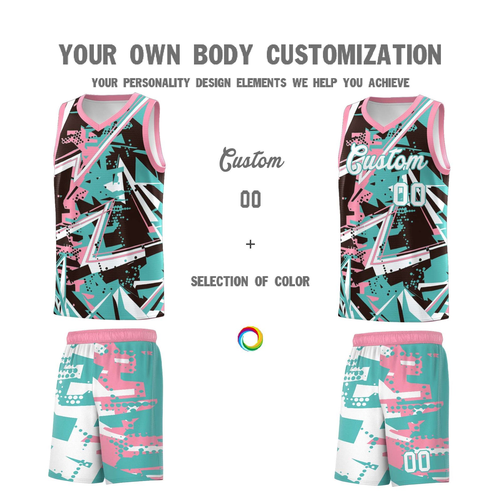 Custom Youth Basketball Jerseys Teal Pink Abstract Graffiti Urban Style Personalized Uniform