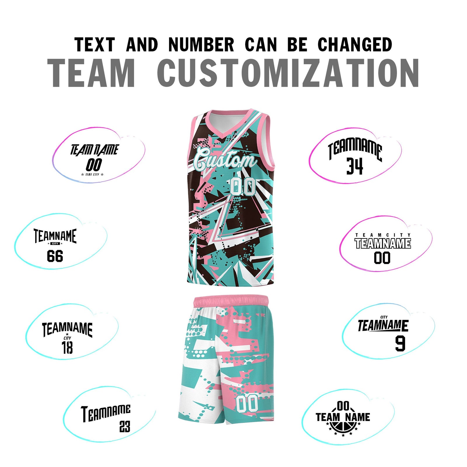 Custom Youth Basketball Jerseys Teal Pink Abstract Graffiti Urban Style Personalized Uniform