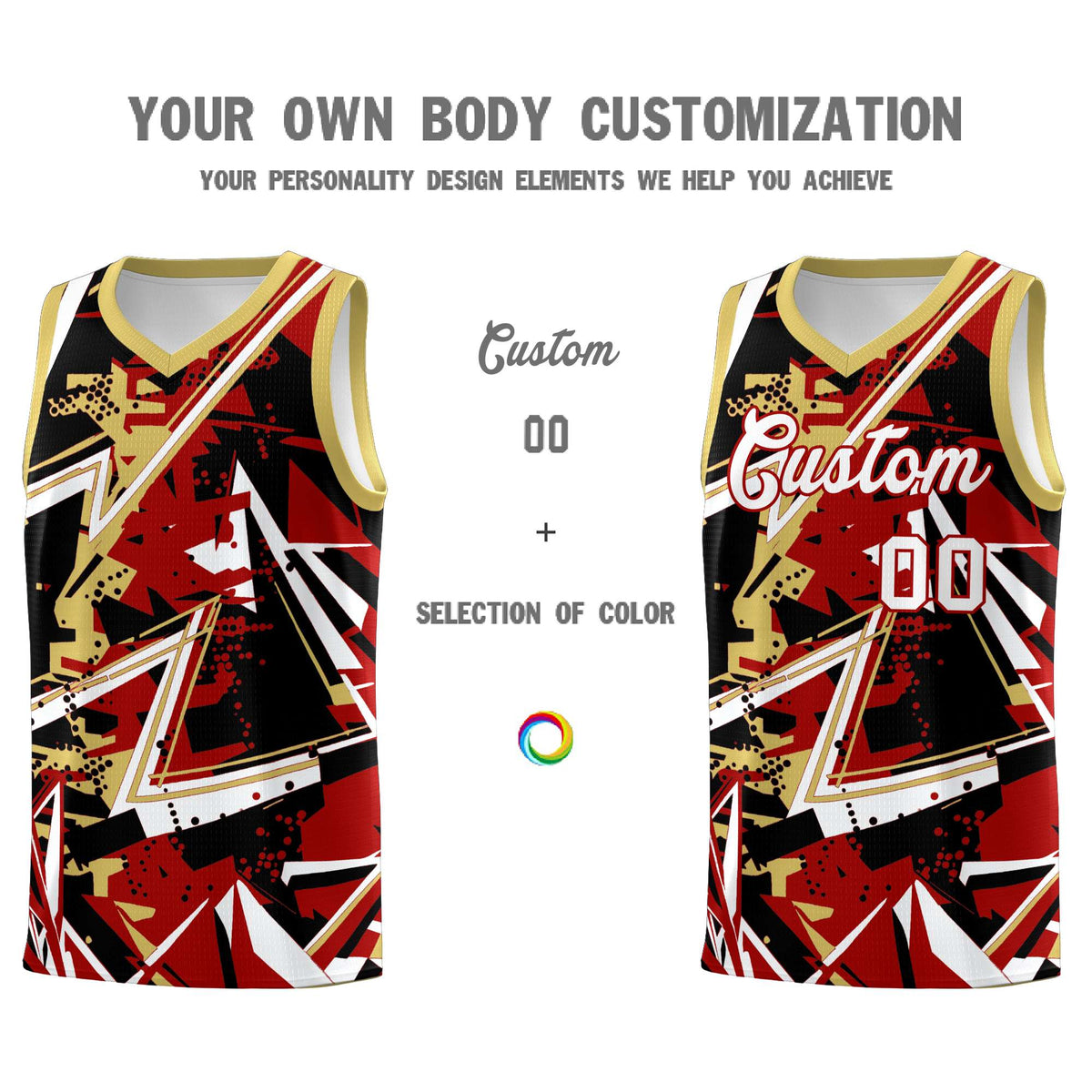 Custom Youth Basketball Jerseys Red Old Gold Abstract Graffiti Personalized Team Name &amp; Number