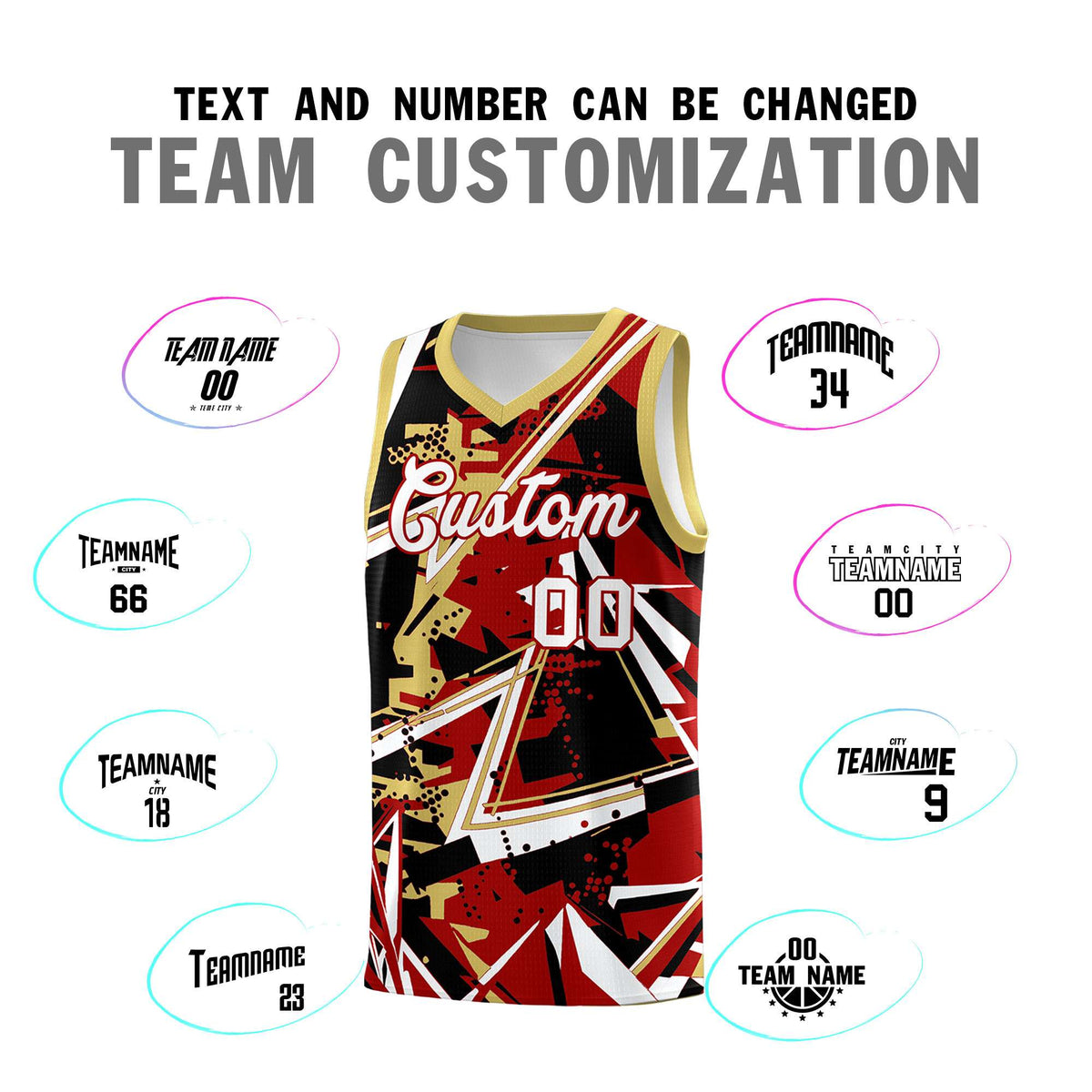 Custom Youth Basketball Jerseys Red Old Gold Abstract Graffiti Personalized Team Name &amp; Number
