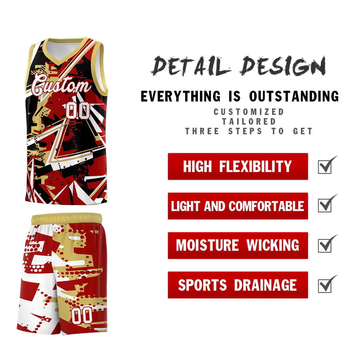 Custom Youth Basketball Jerseys Red Old Gold Abstract Graffiti Personalized Team Name &amp; Number