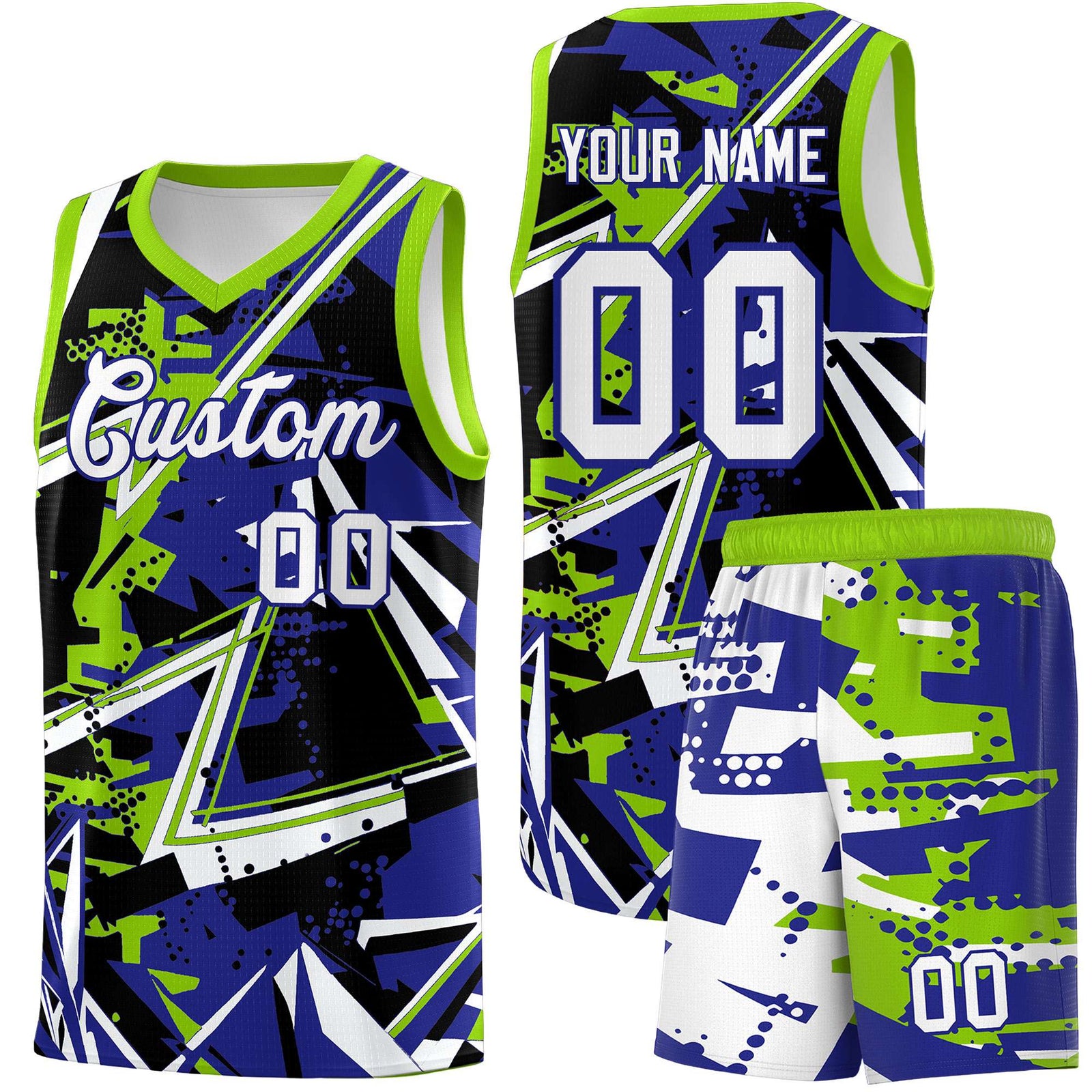 Custom Youth Basketball Jerseys Royal Neon Green Abstract Graffiti Urban Style Personalized Uniform