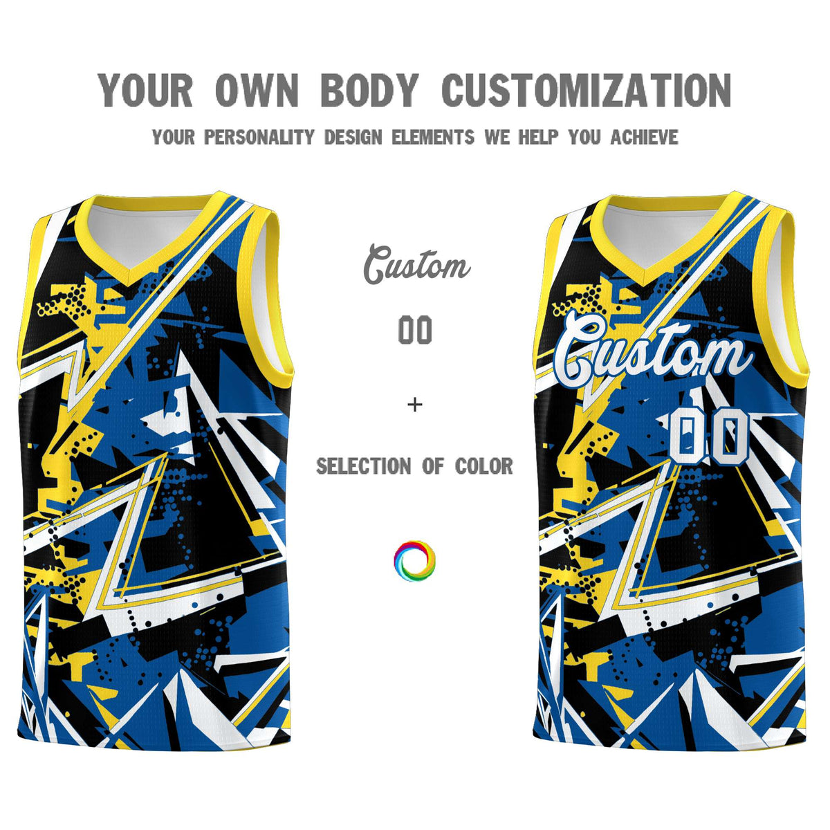 Custom Youth Basketball Jerseys Royal Gold Abstract Graffiti Personalized Team Name &amp; Number