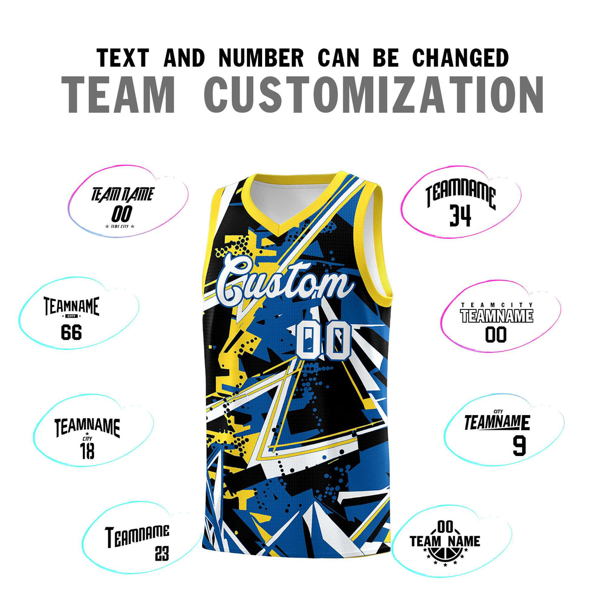 Custom Youth Basketball Jerseys Royal Gold Abstract Graffiti Personalized Team Name &amp; Number