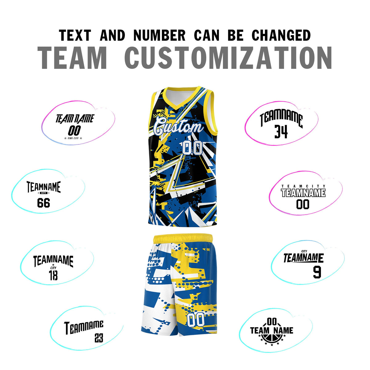 Custom Youth Basketball Jerseys Royal Gold Abstract Graffiti Personalized Team Name &amp; Number