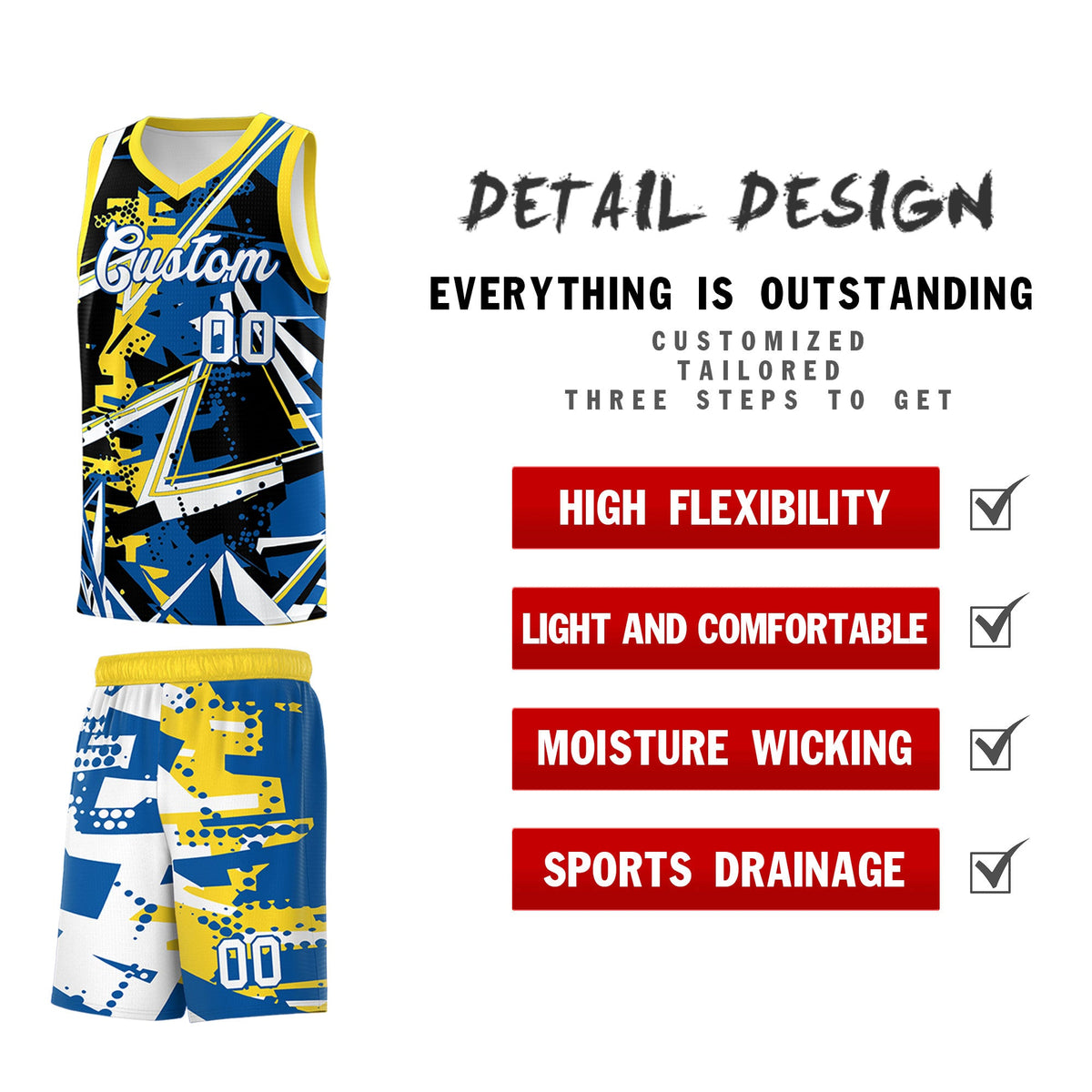Custom Youth Basketball Jerseys Royal Gold Abstract Graffiti Personalized Team Name &amp; Number