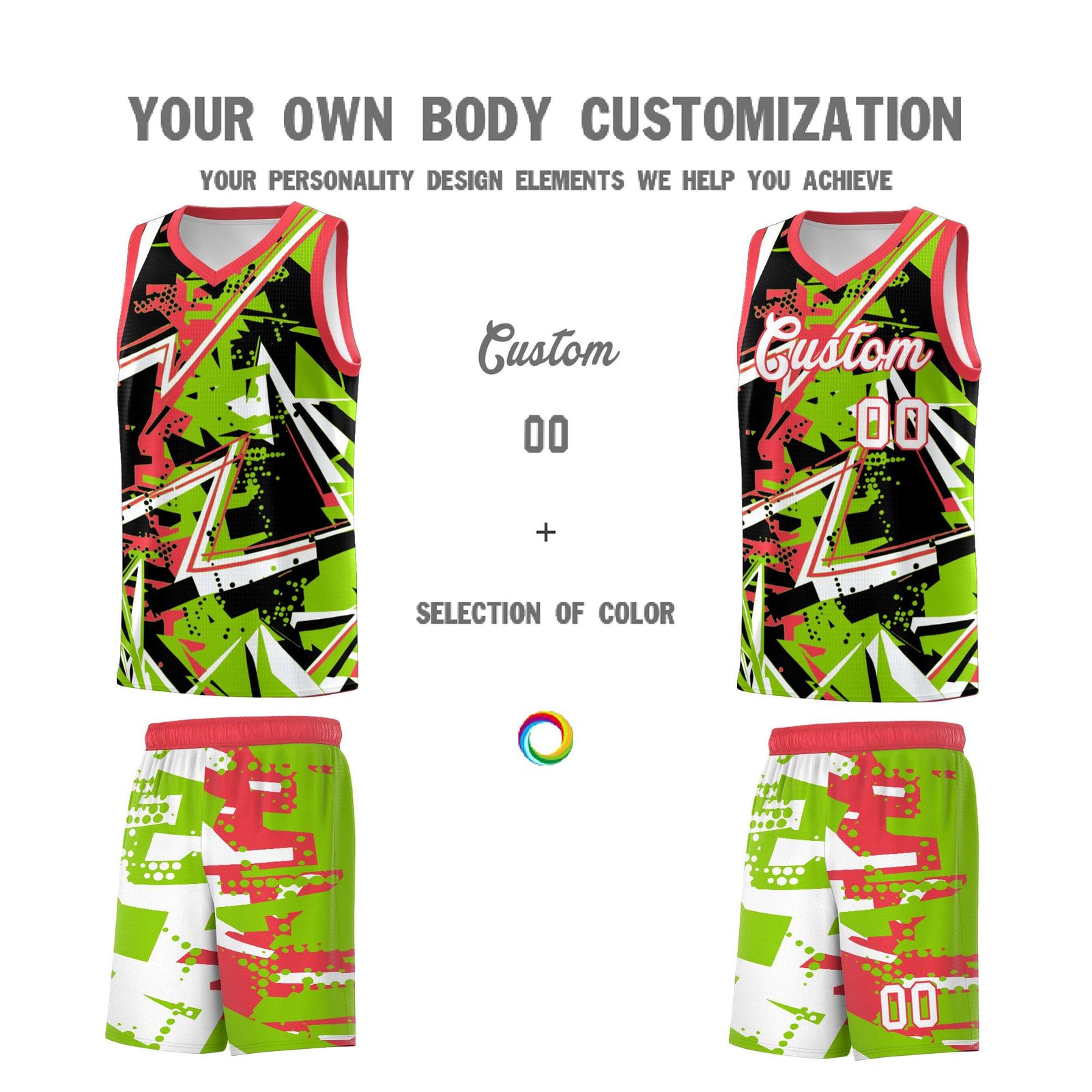 Custom Youth Basketball Jerseys Neon Green Light Red Abstract Graffiti Personalized Street Style Uniform