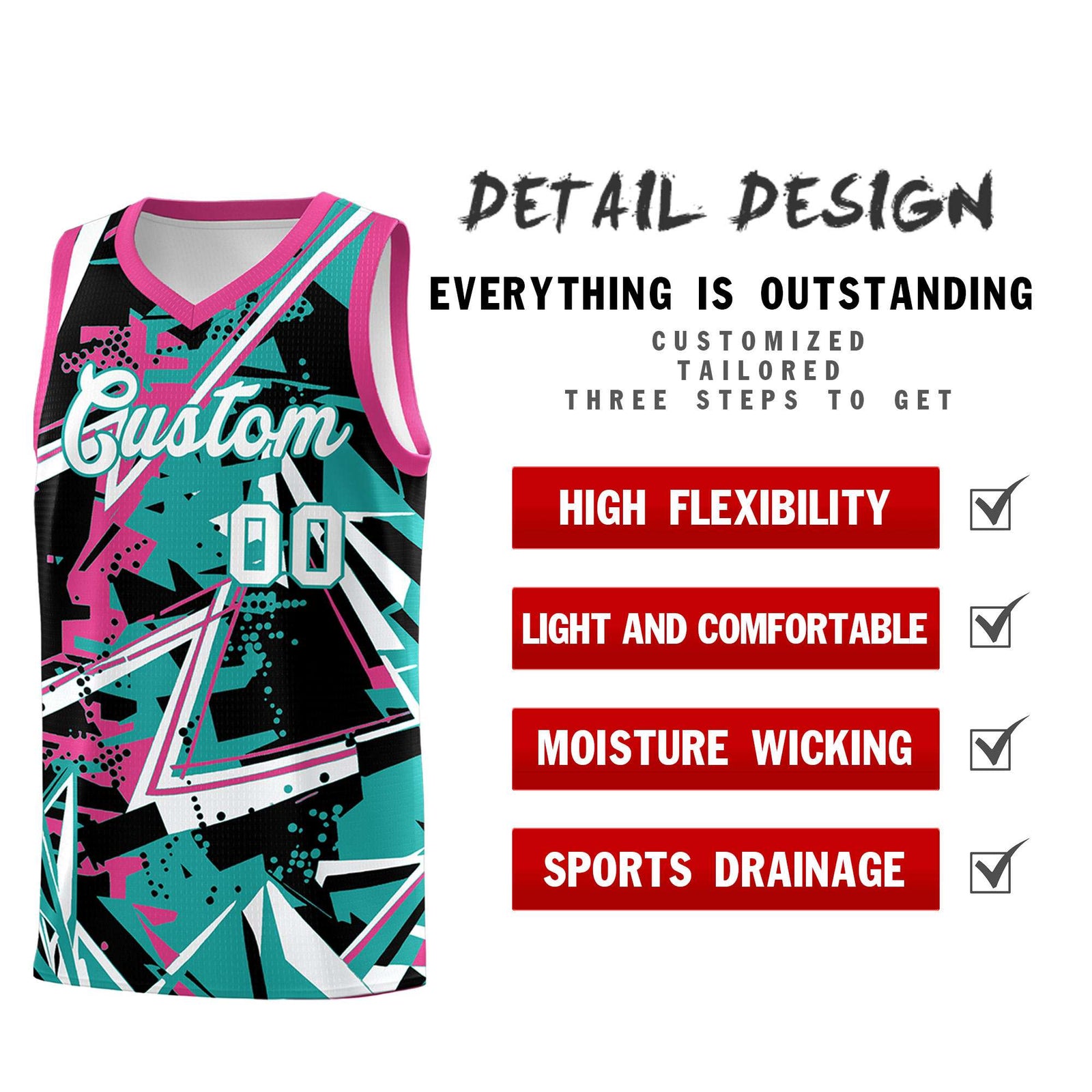 Custom Youth Basketball Jerseys Aqua Rose Red Abstract Graffiti Urban Style Personalized Uniform