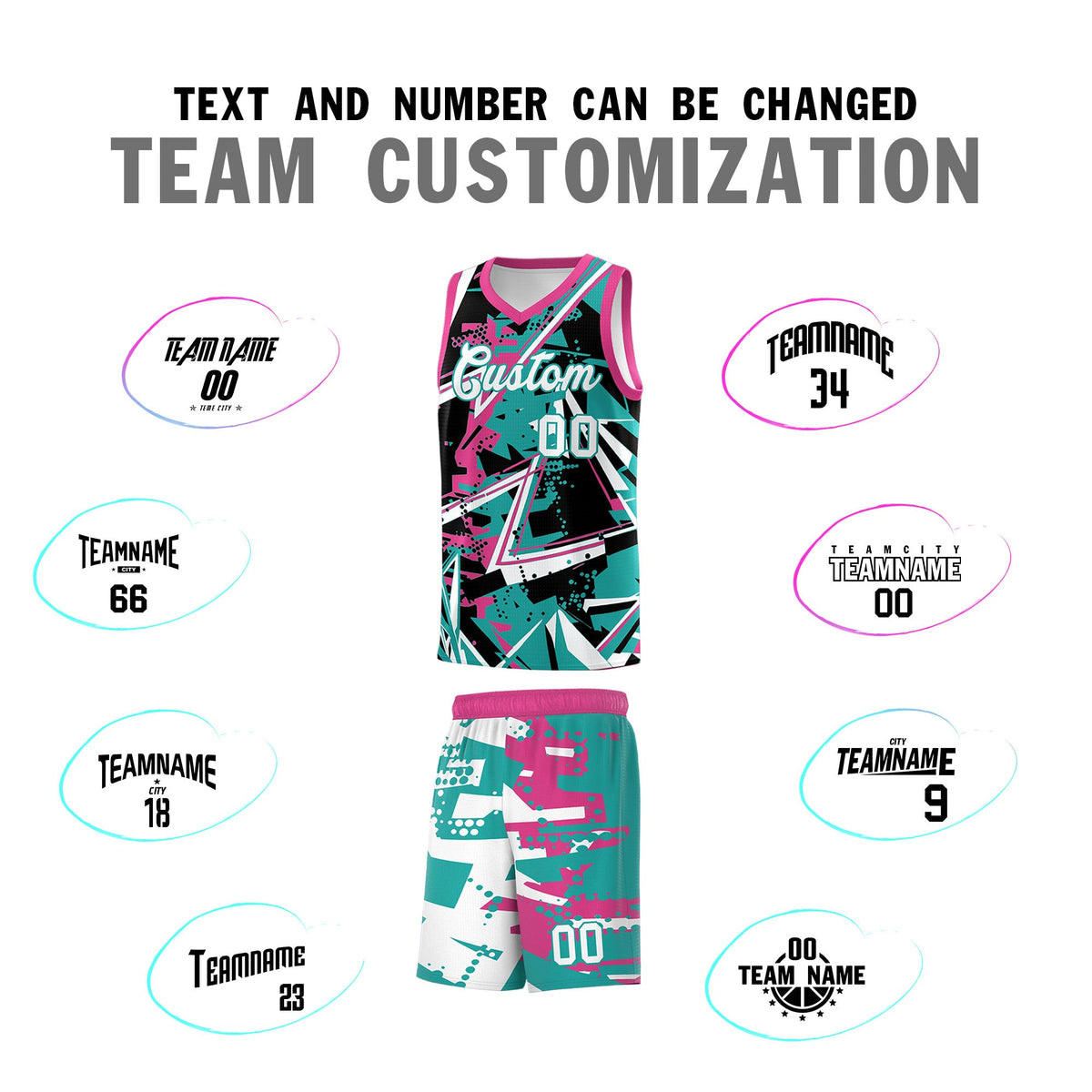 Custom Youth Basketball Jerseys Aqua Rose Red Abstract Graffiti Urban Style Personalized Uniform