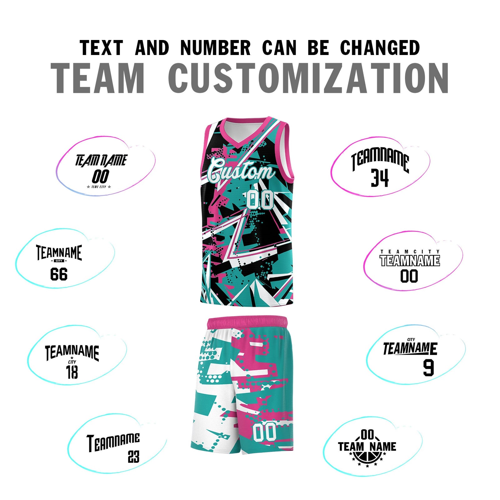 Custom Youth Basketball Jerseys Aqua Rose Red Abstract Graffiti Urban Style Personalized Uniform