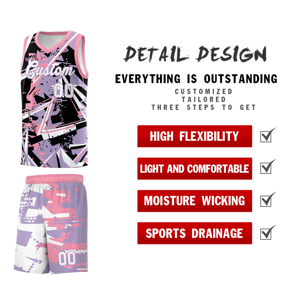 Custom Youth Basketball Jerseys Light Purple Pink Abstract Graffiti Personalized Team Name &amp; Number