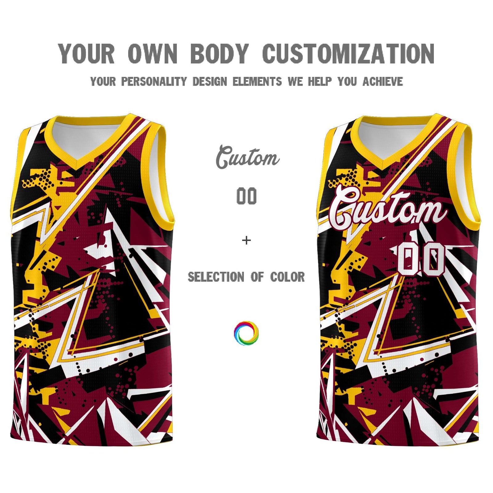Custom Youth Basketball Jerseys Crimson Yellow Abstract Graffiti Urban Style Personalized Uniform