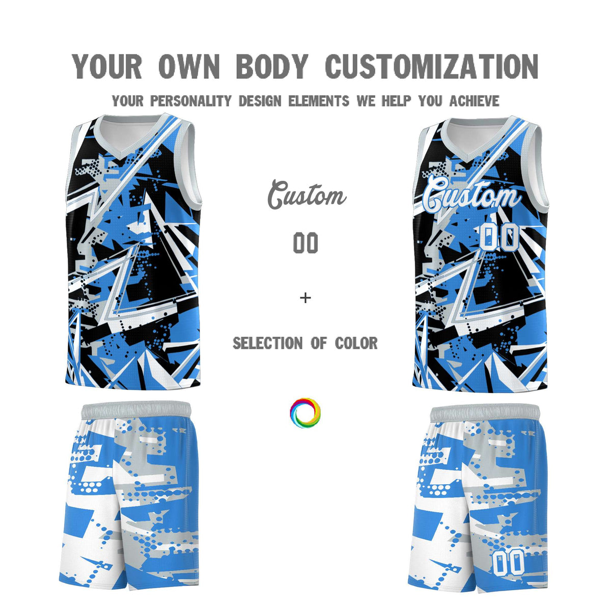 Custom Youth Basketball Jerseys Light Blue Silver Abstract Graffiti Personalized Team Name &amp; Number
