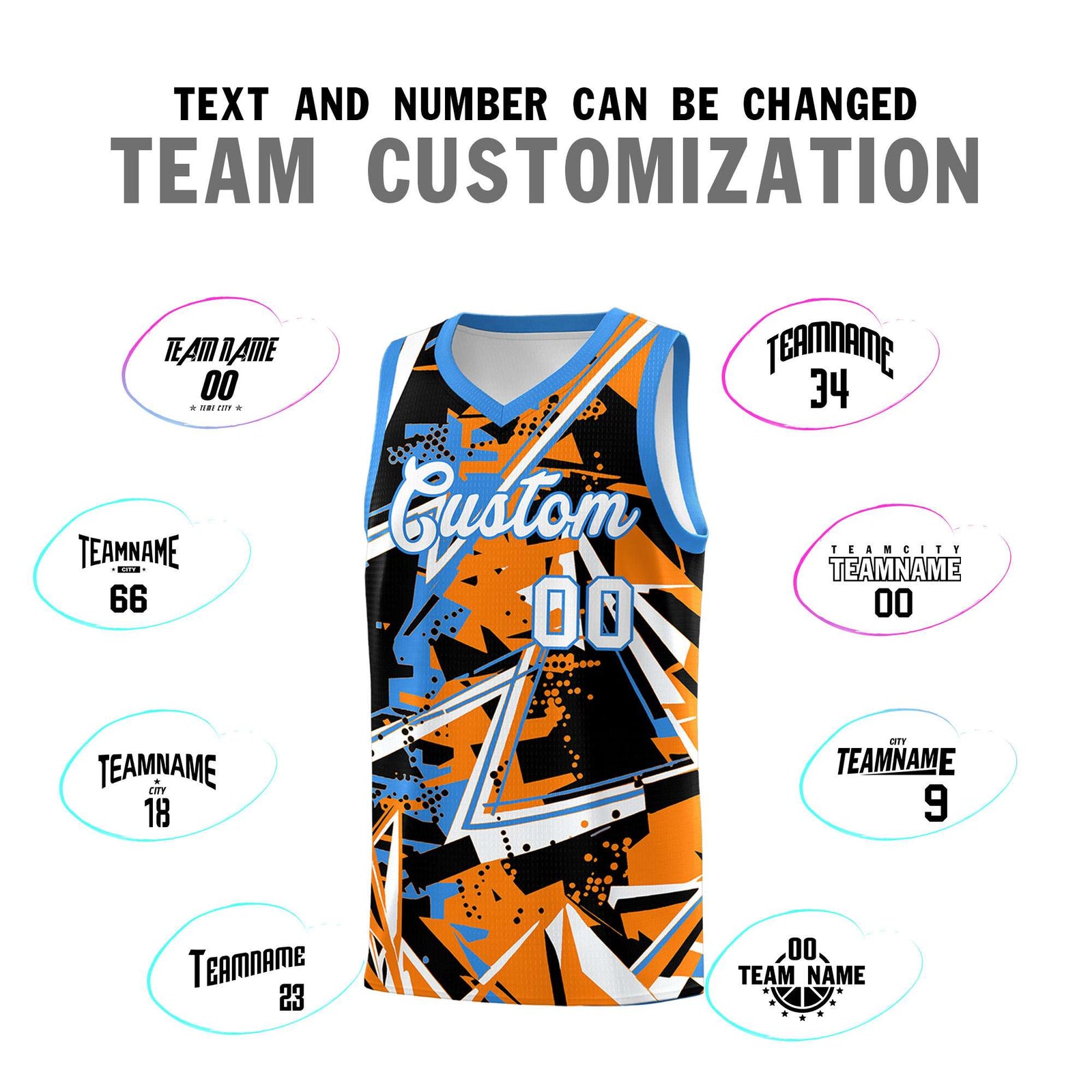 Custom Youth Basketball Jerseys Orange Light Blue Abstract Graffiti Personalized Street Style Uniform