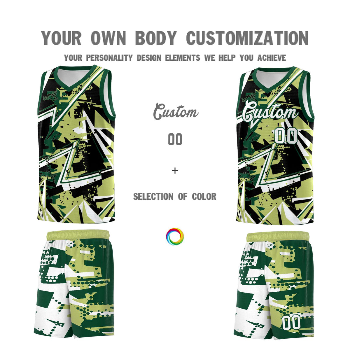 Custom Youth Basketball Jerseys Champagne Kelly Green Abstract Graffiti Urban Style Personalized Uniform