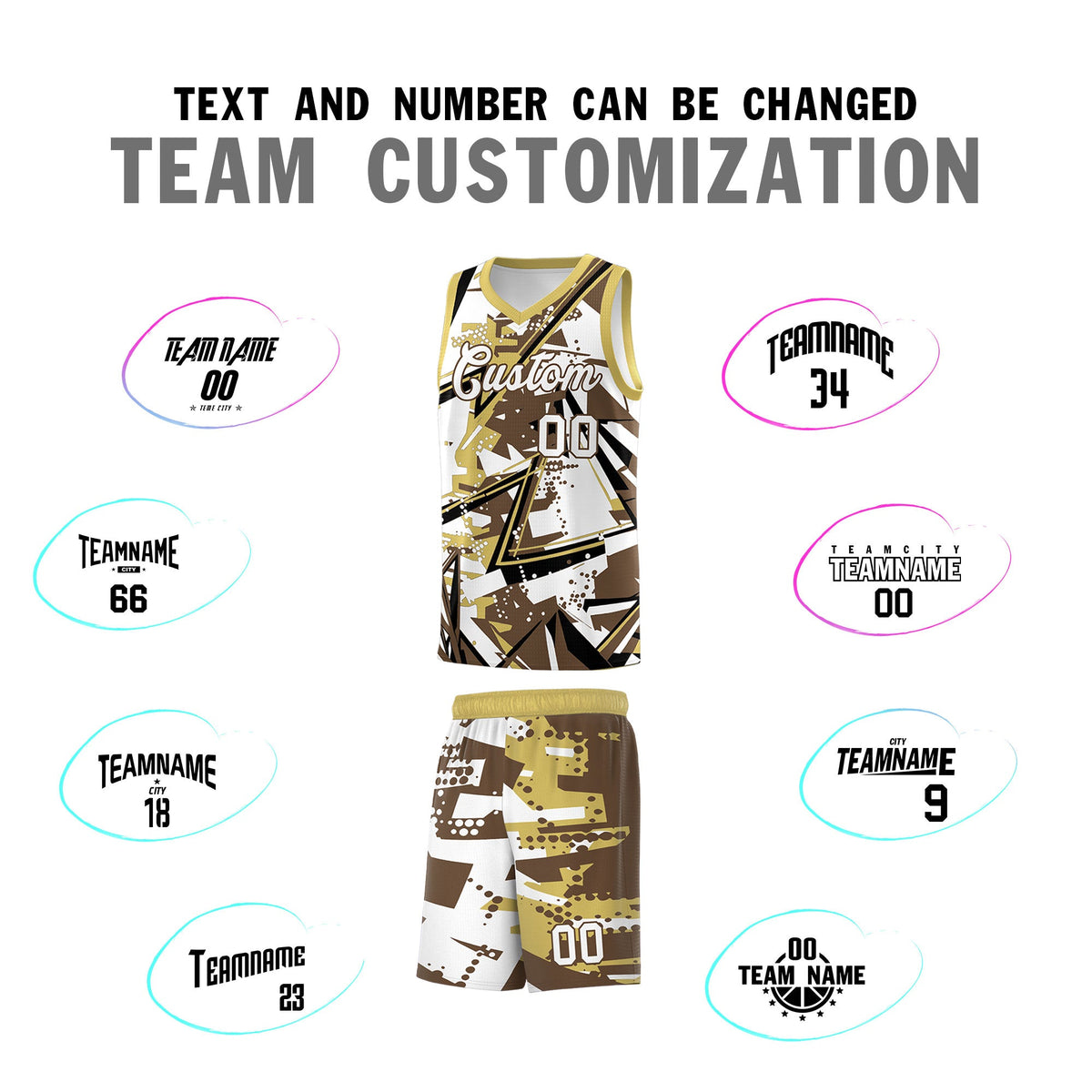 Custom Youth Basketball Jerseys Light Brown Old Gold Abstract Graffiti Personalized Team Name &amp; Number