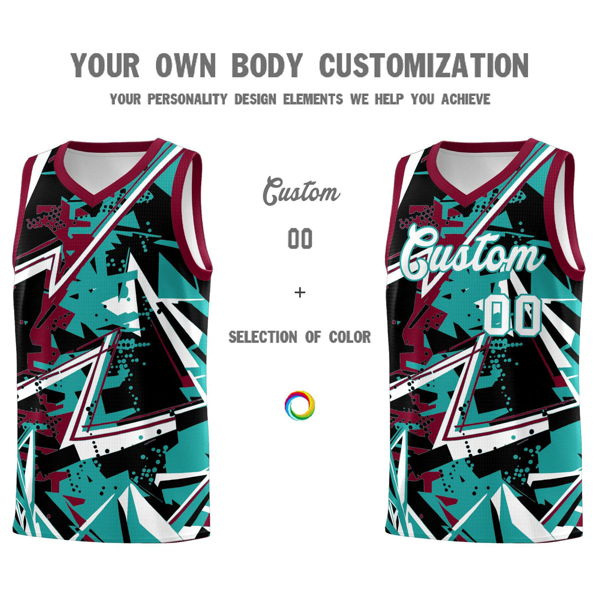 Custom Youth Basketball Jerseys Teal Crimson Abstract Graffiti Personalized Team Name &amp; Number