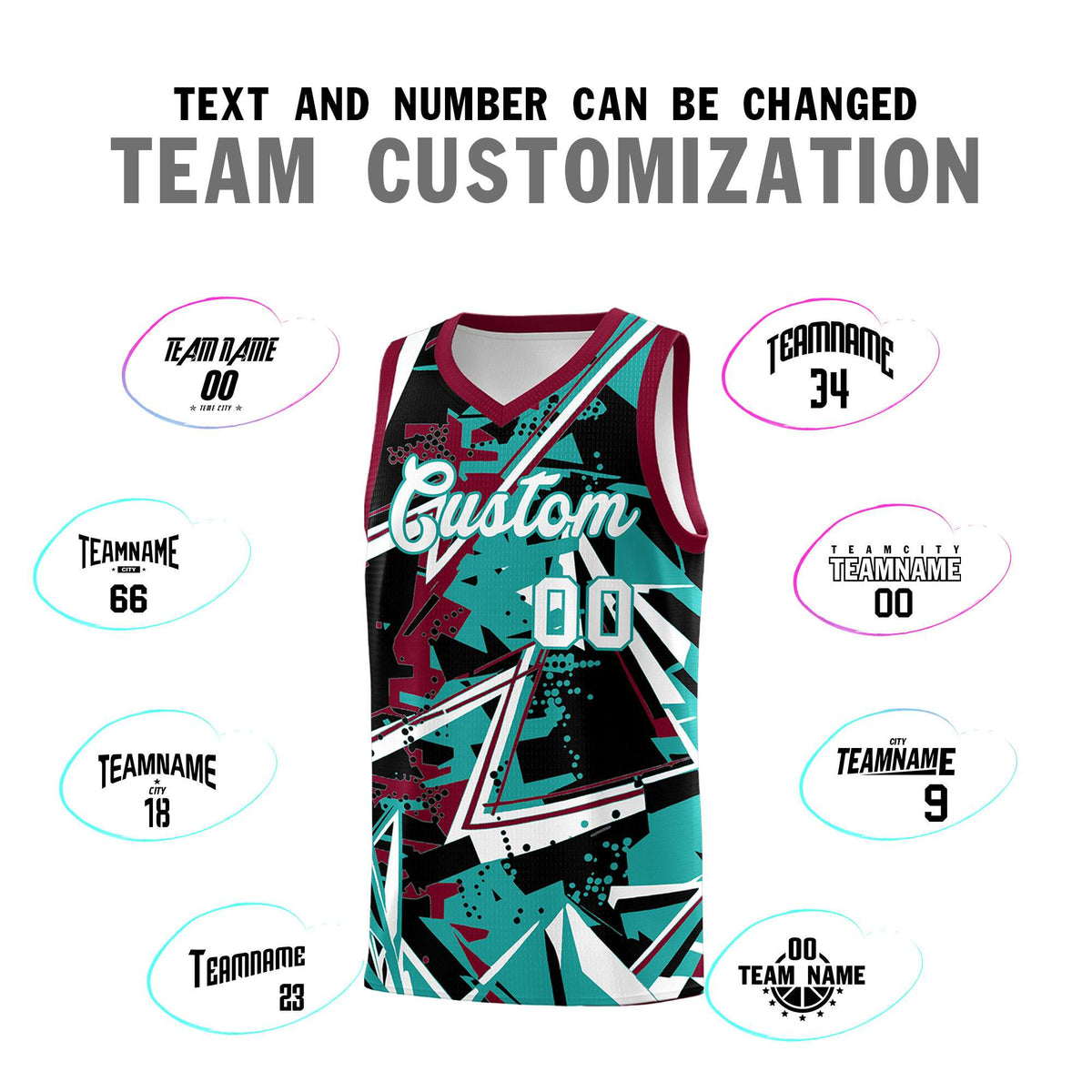 Custom Youth Basketball Jerseys Teal Crimson Abstract Graffiti Personalized Team Name &amp; Number