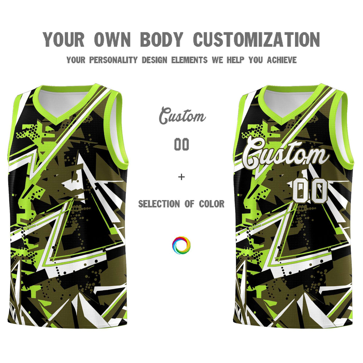 Custom Youth Basketball Jerseys Olive Neon Green Abstract Graffiti Personalized Street Style Uniform