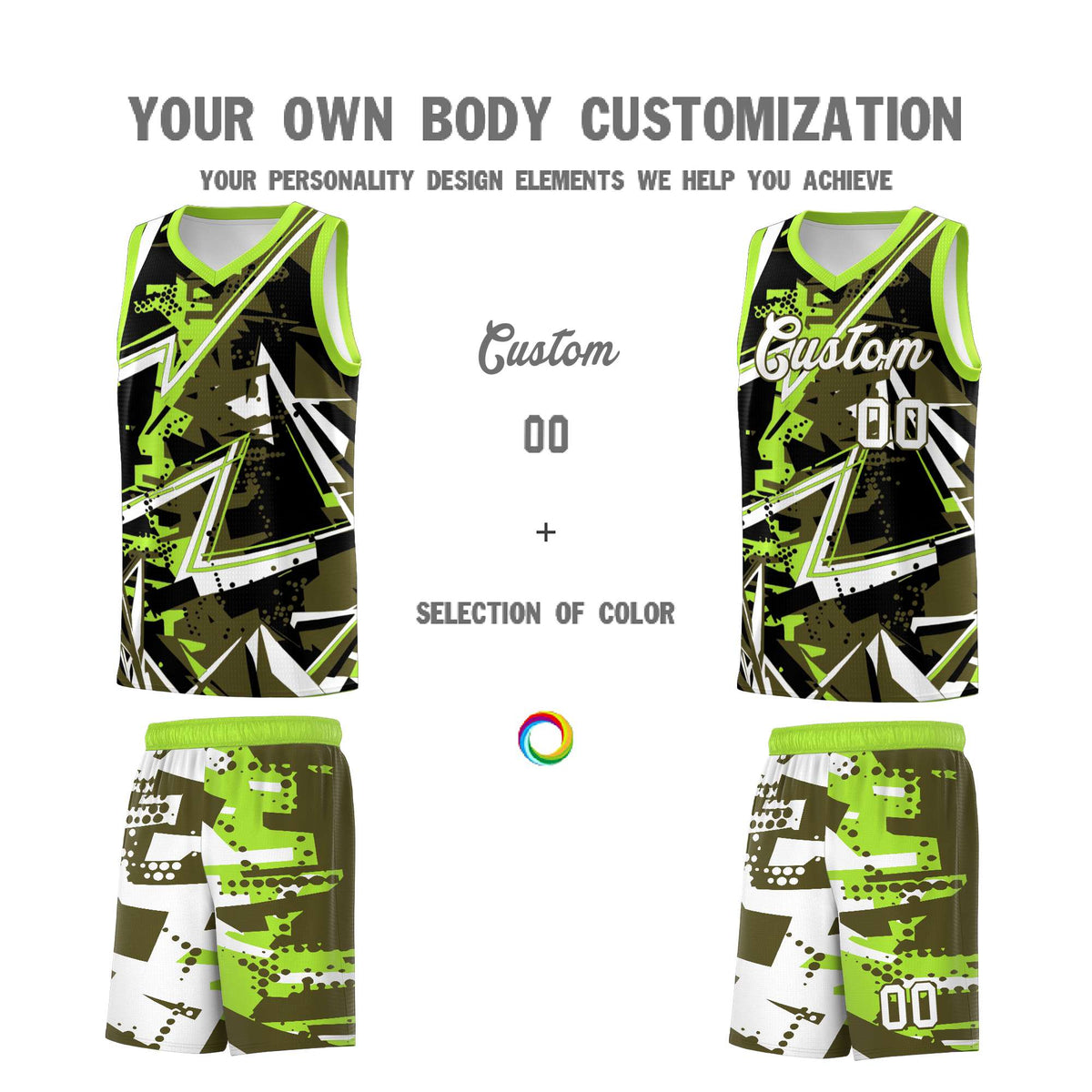 Custom Youth Basketball Jerseys Olive Neon Green Abstract Graffiti Personalized Street Style Uniform