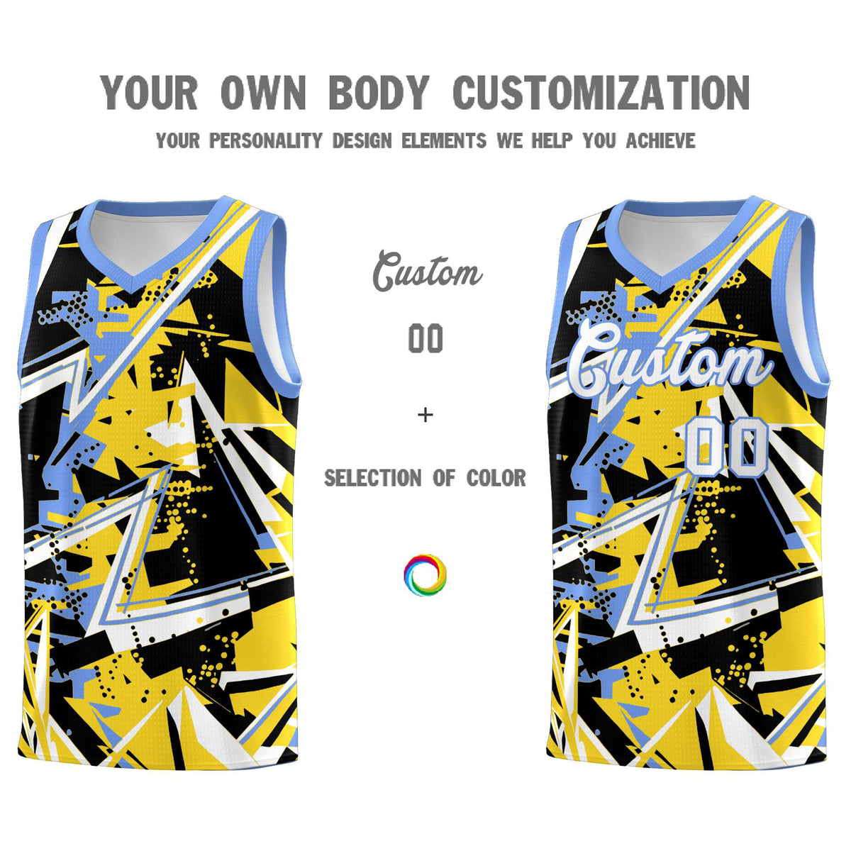 Custom Youth Basketball Jerseys Gold Light Blue Abstract Graffiti Urban Style Personalized Uniform
