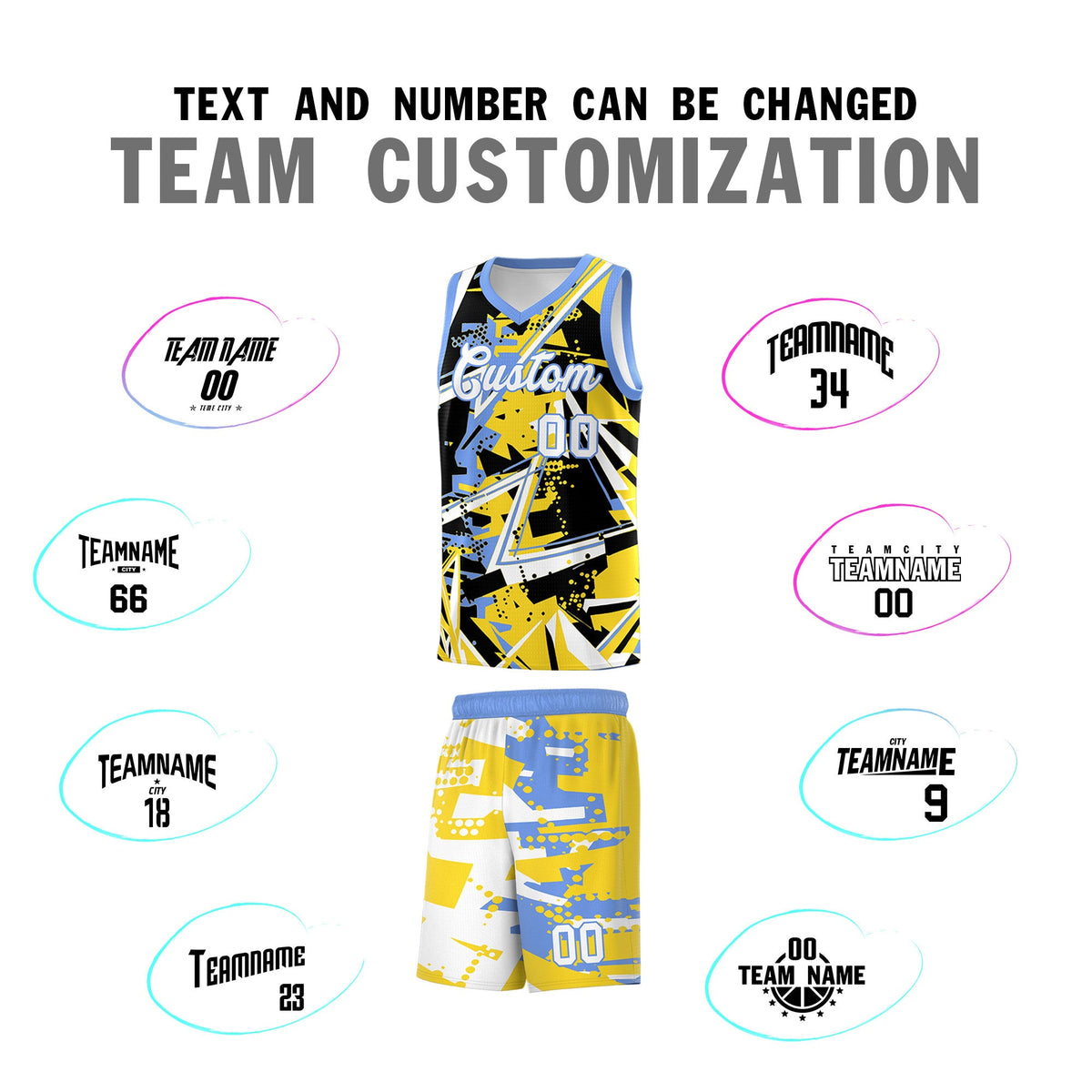 Custom Youth Basketball Jerseys Gold Light Blue Abstract Graffiti Urban Style Personalized Uniform