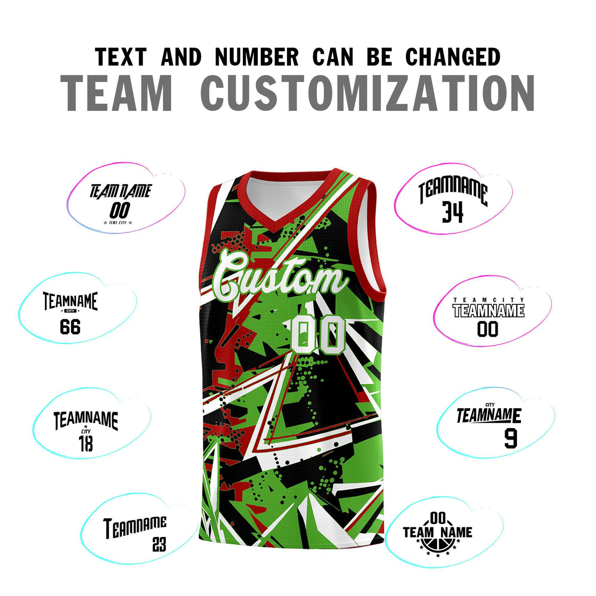 Custom Youth Basketball Jerseys Light Green Red Abstract Graffiti Urban Style Personalized Uniform