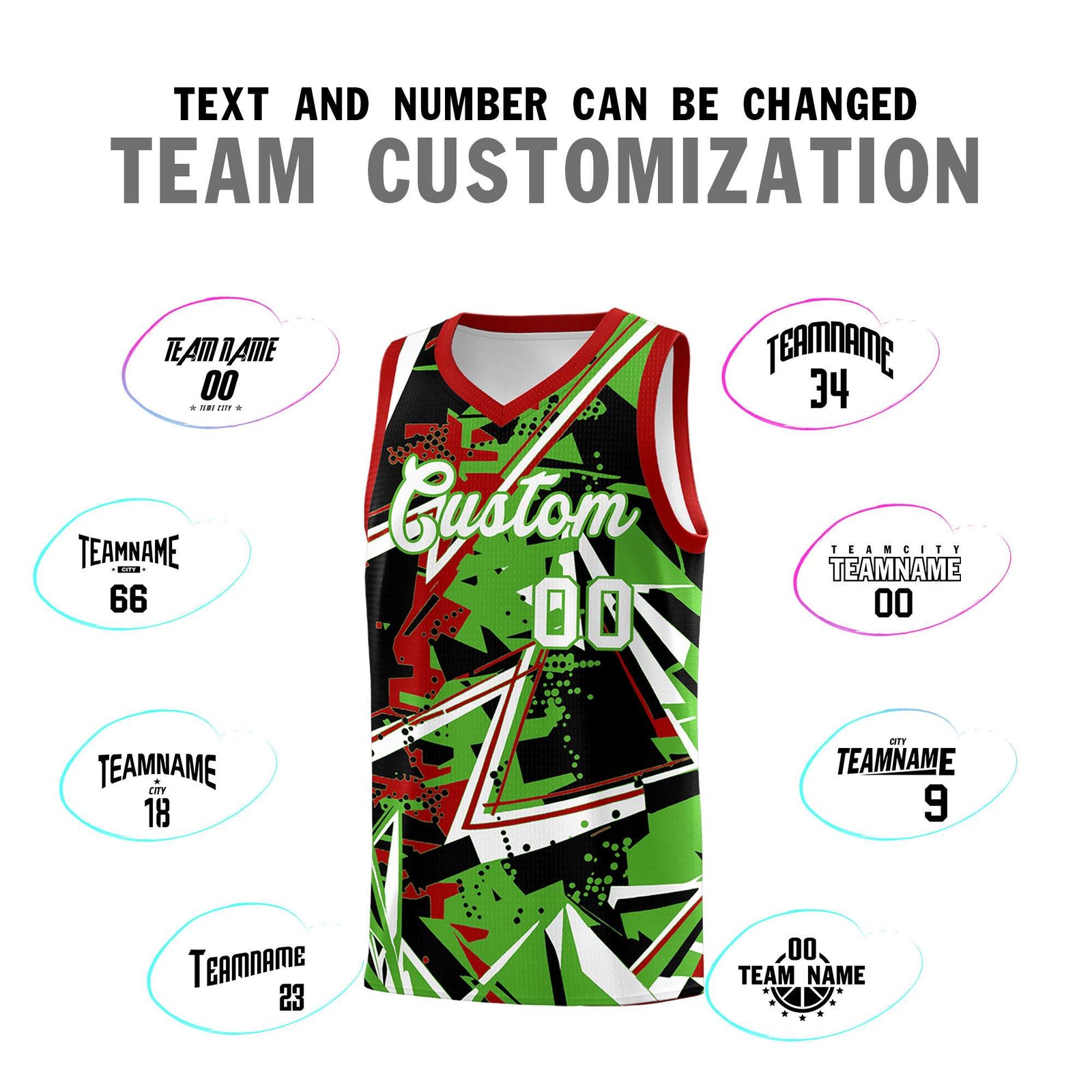 Custom Youth Basketball Jerseys Light Green Red Abstract Graffiti Urban Style Personalized Uniform