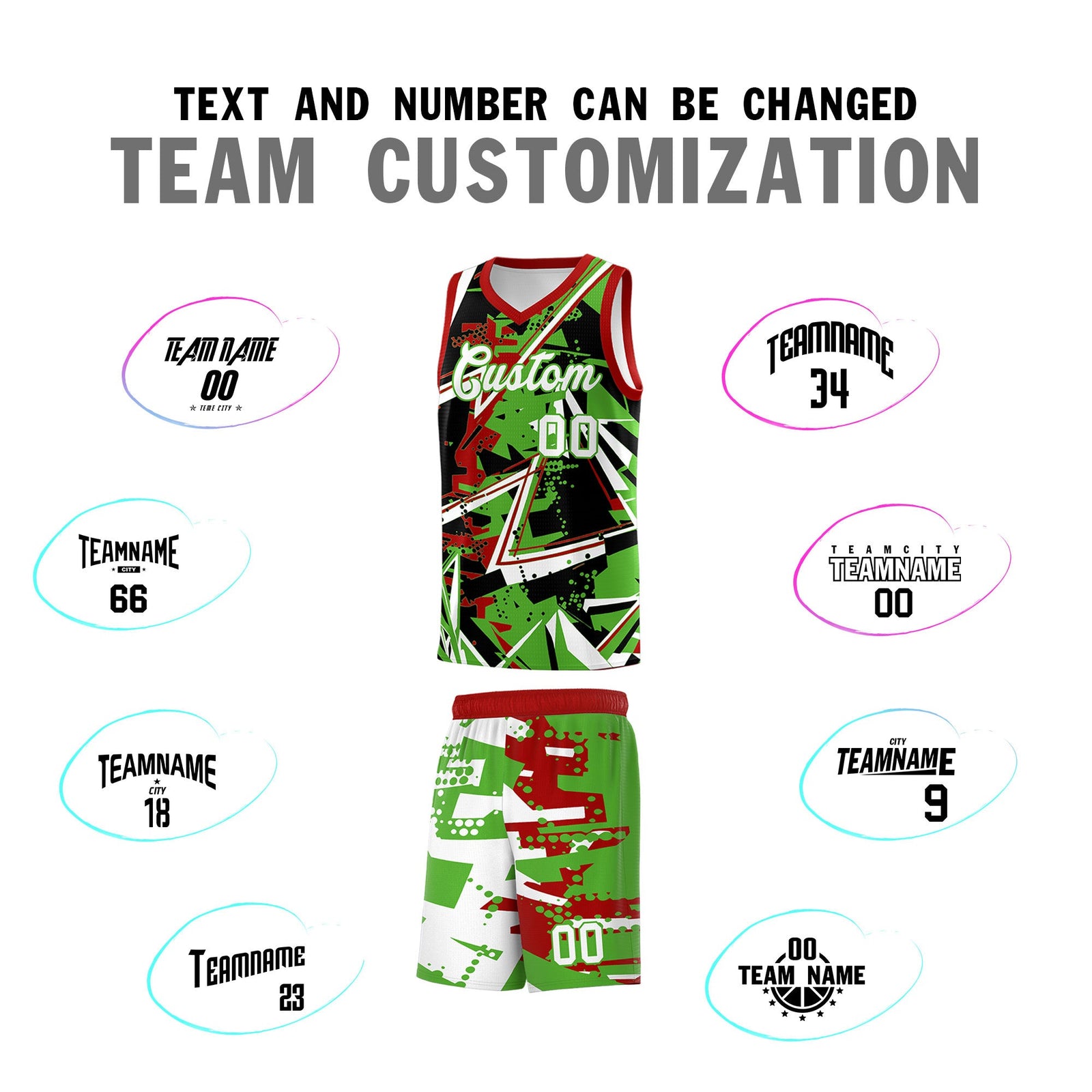 Custom Youth Basketball Jerseys Light Green Red Abstract Graffiti Urban Style Personalized Uniform