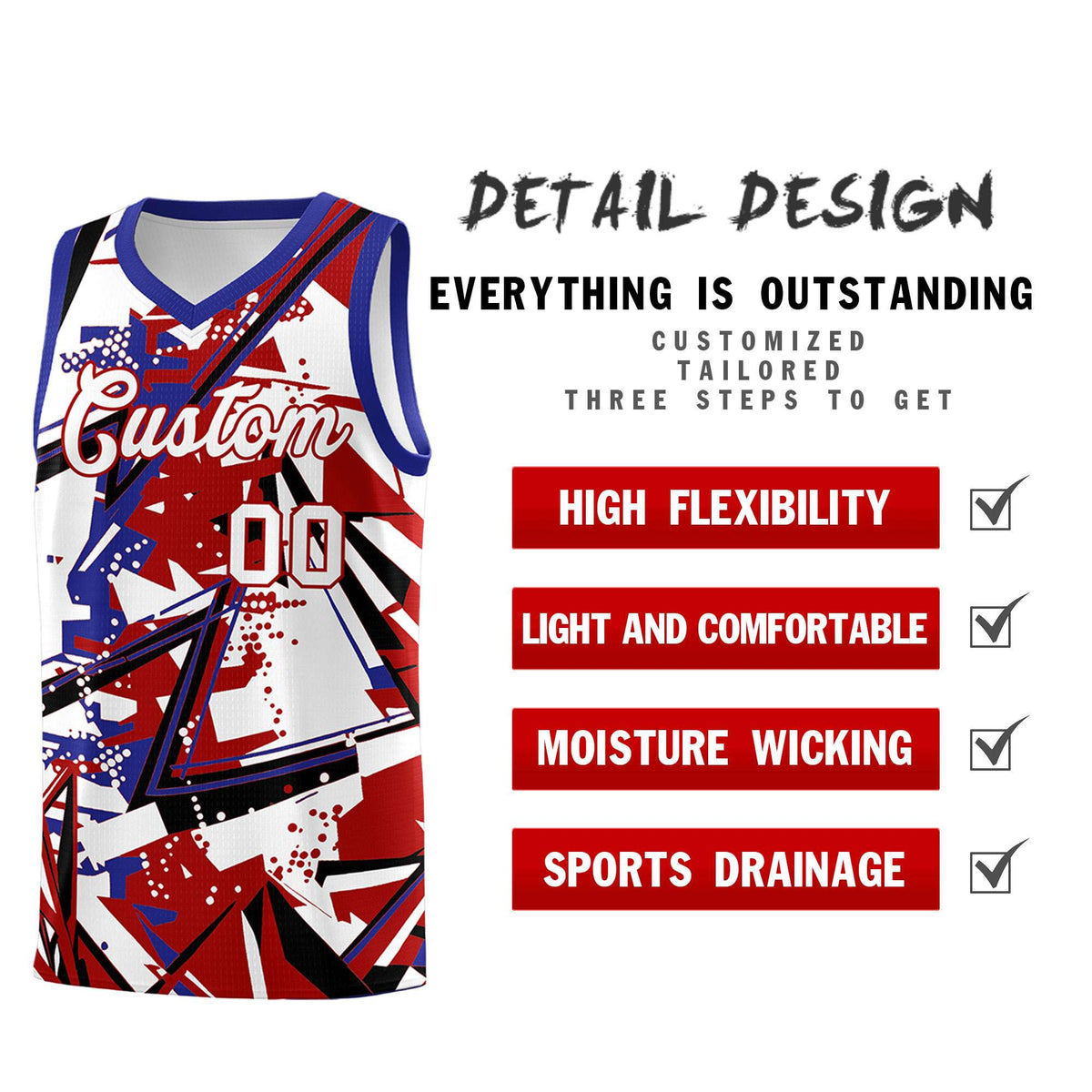 Custom Youth Basketball Jerseys Red Royal Abstract Graffiti Personalized Street Style Uniform