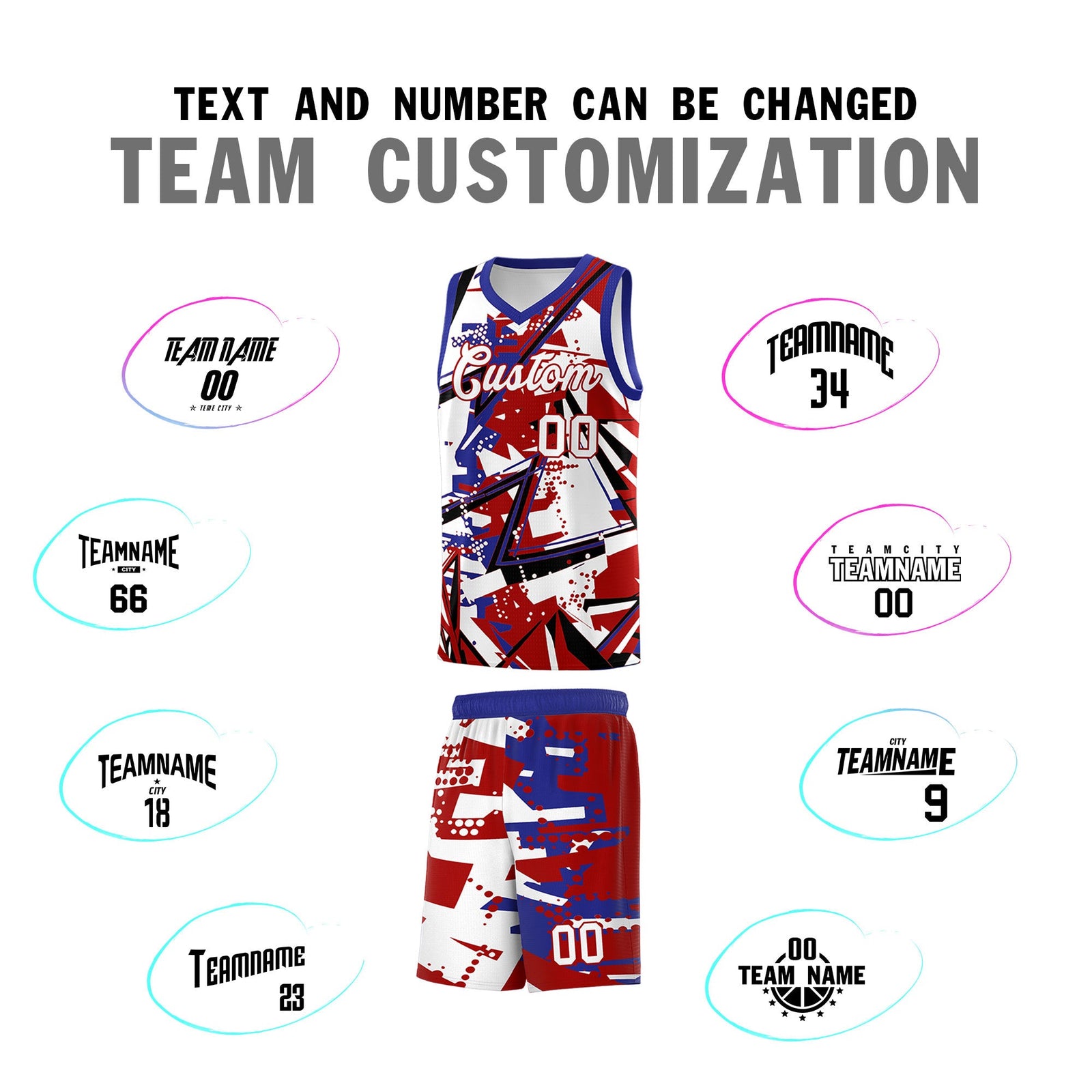 Custom Youth Basketball Jerseys Red Royal Abstract Graffiti Personalized Street Style Uniform