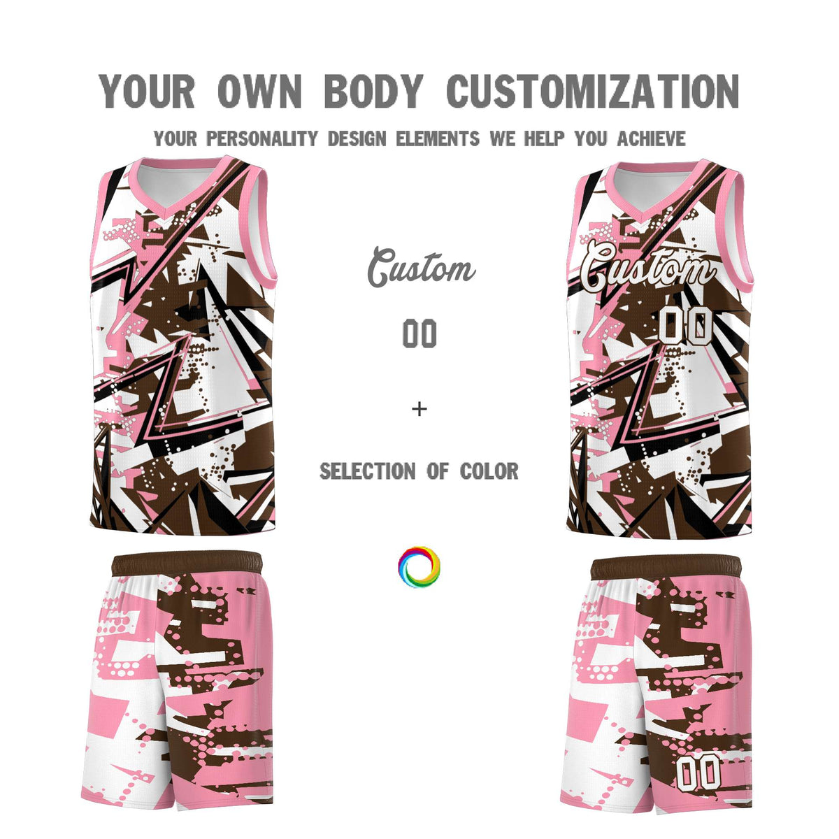 Custom Youth Basketball Jerseys Brown Light Pink Abstract Graffiti Urban Style Personalized Uniform