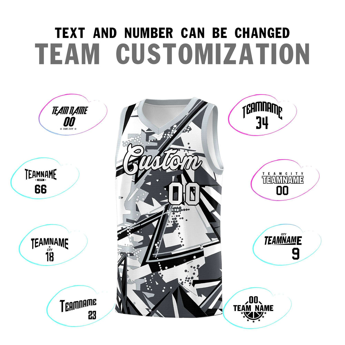 Custom Youth Basketball Jerseys Gray Silver Abstract Graffiti Personalized Team Name &amp; Number
