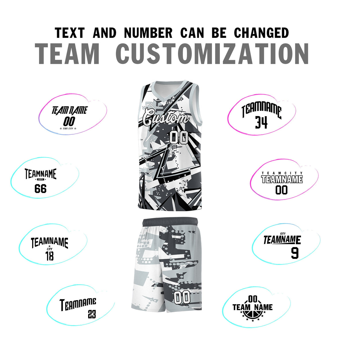 Custom Youth Basketball Jerseys Gray Silver Abstract Graffiti Personalized Team Name &amp; Number